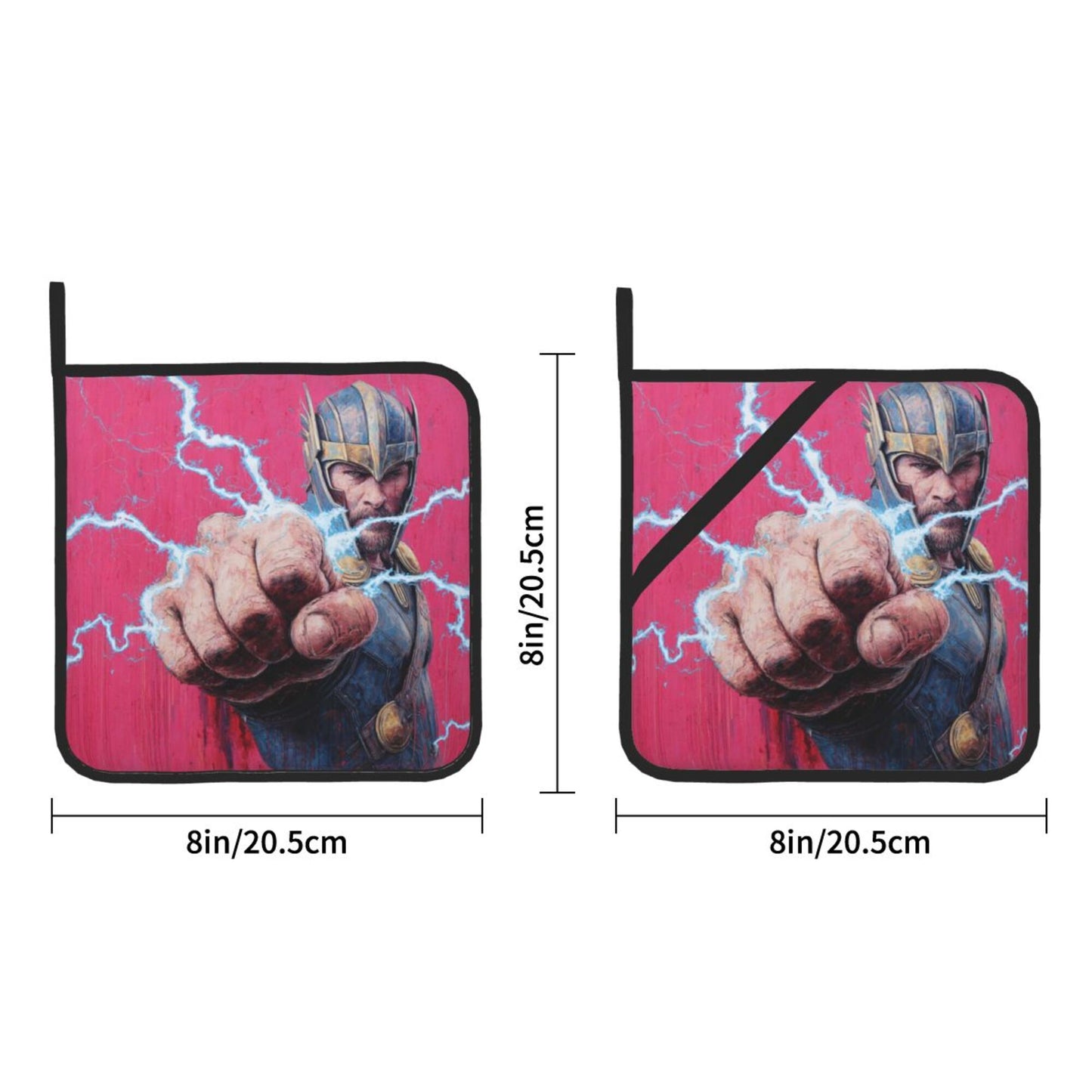 Thor Pattern Square Heat-Resistant Pot Holders Set of 2 – 8×8 Inches Insulated Kitchen Trivets with Hanging Loop & Slip-Resistant Back