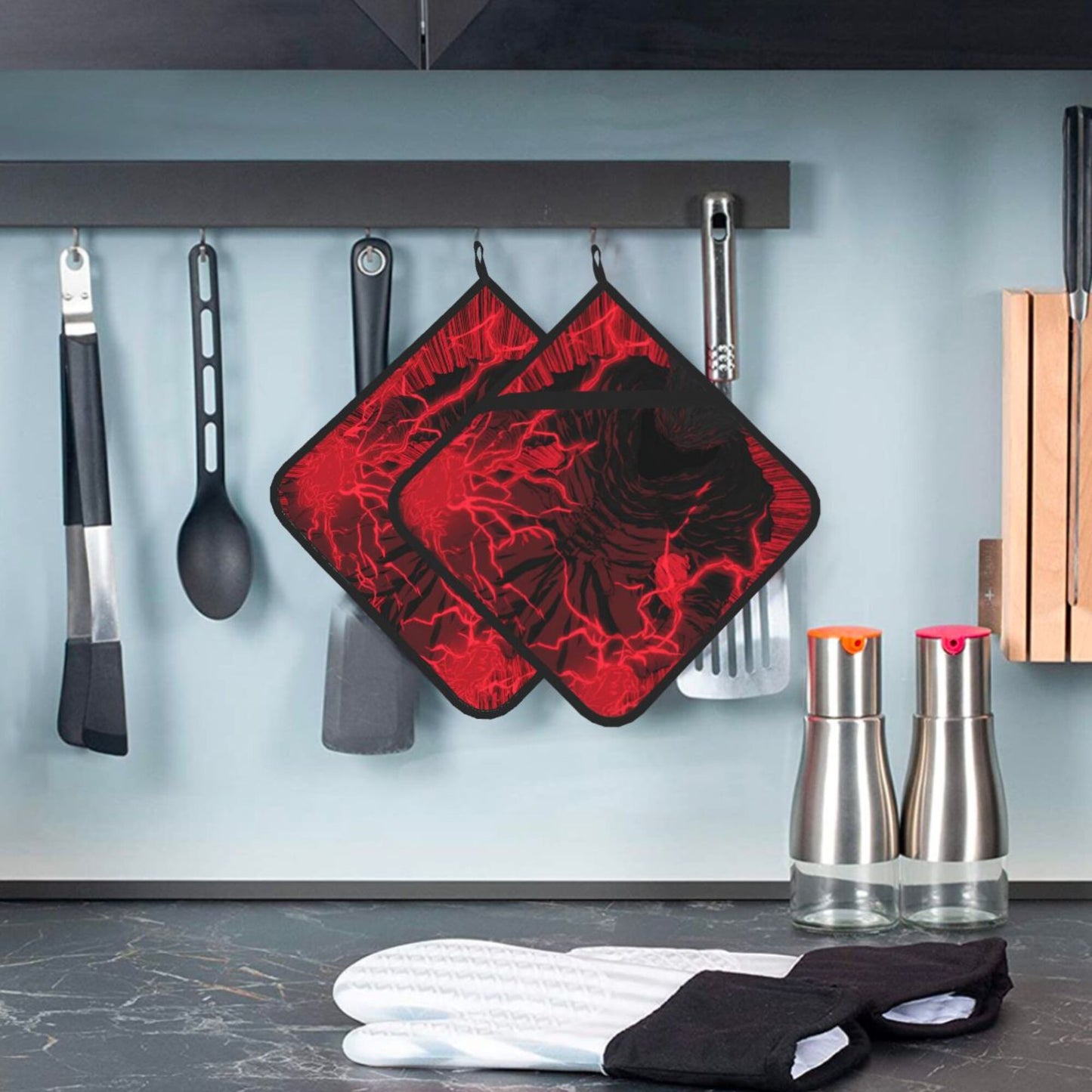 Dark Lightning Pot Holders Set of 2 (8" × 8")|Heat-Resistant Square Hot Pads with Non-Slip Back & Hanging Loop – Anime-Inspired Design