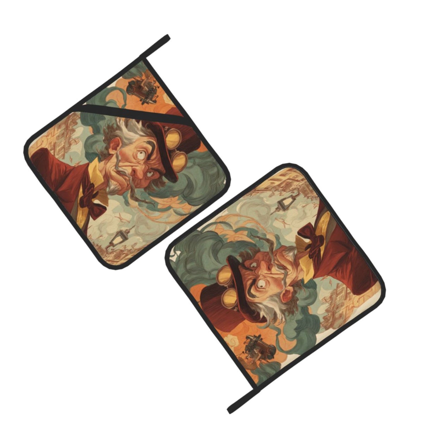 Retro Gentleman Art Pot Holders Set of 2 (8" × 8")|Heat-Resistant Square Hot Pads with Hanging Loop & Grip Strap – Vintage Steampunk Design