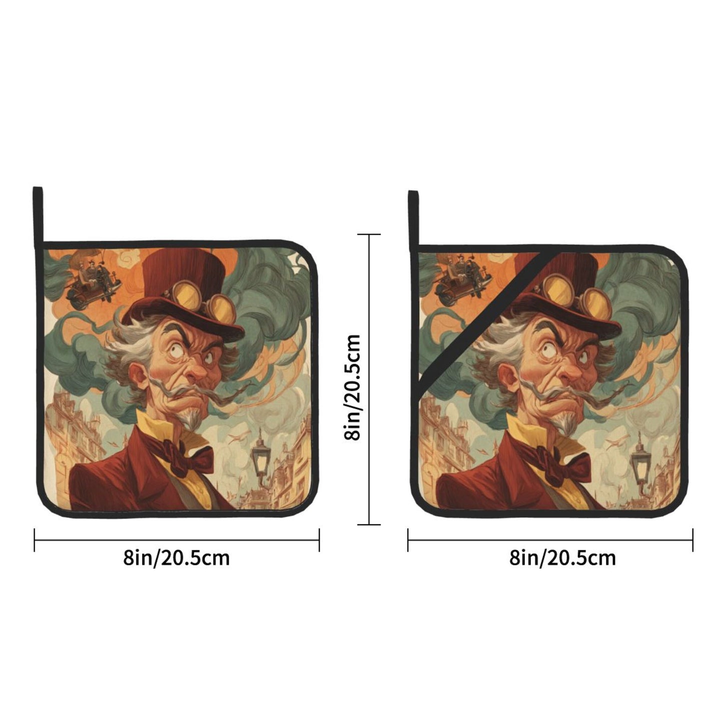 Retro Gentleman Art Pot Holders Set of 2 (8" × 8")|Heat-Resistant Square Hot Pads with Hanging Loop & Grip Strap – Vintage Steampunk Design