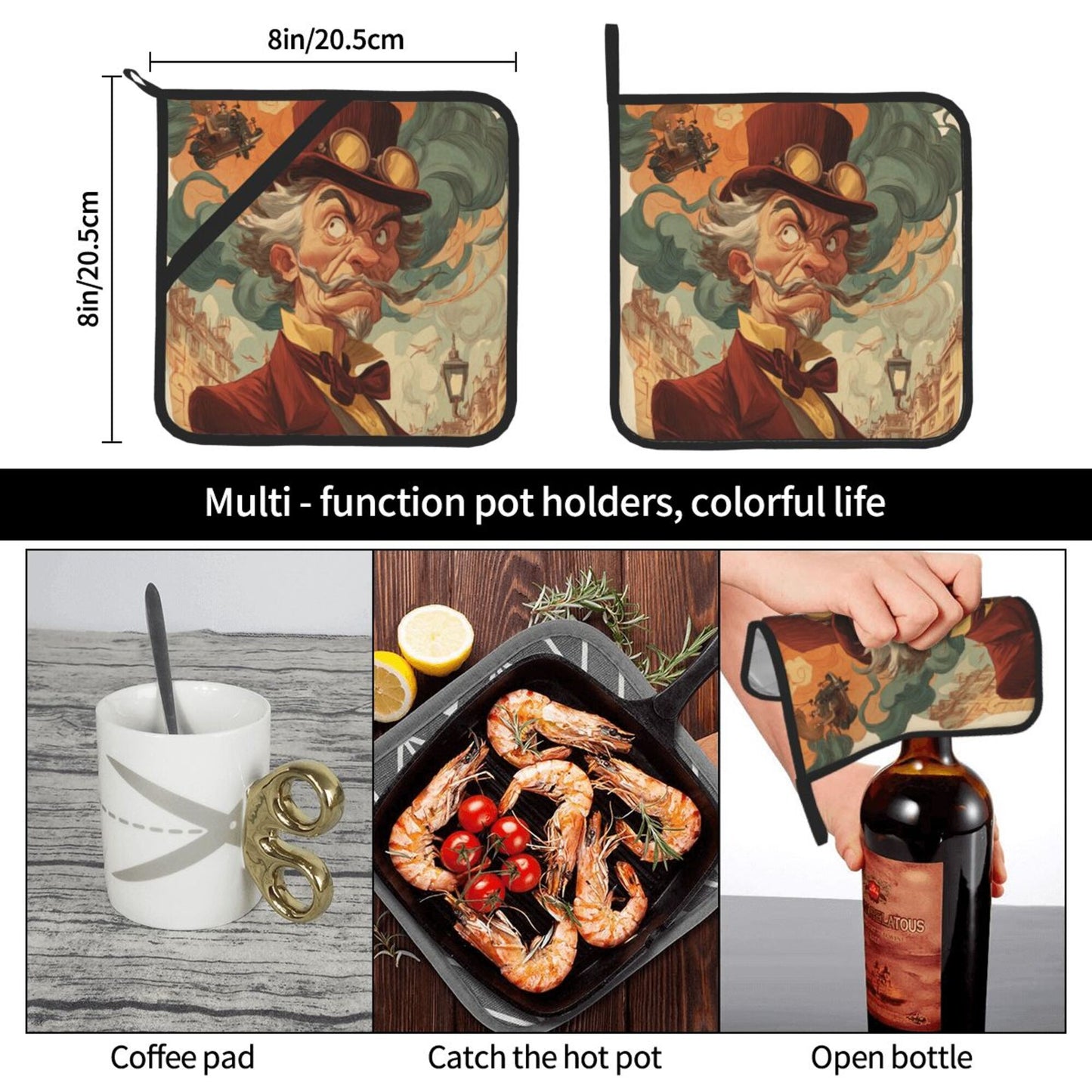 Retro Gentleman Art Pot Holders Set of 2 (8" × 8")|Heat-Resistant Square Hot Pads with Hanging Loop & Grip Strap – Vintage Steampunk Design