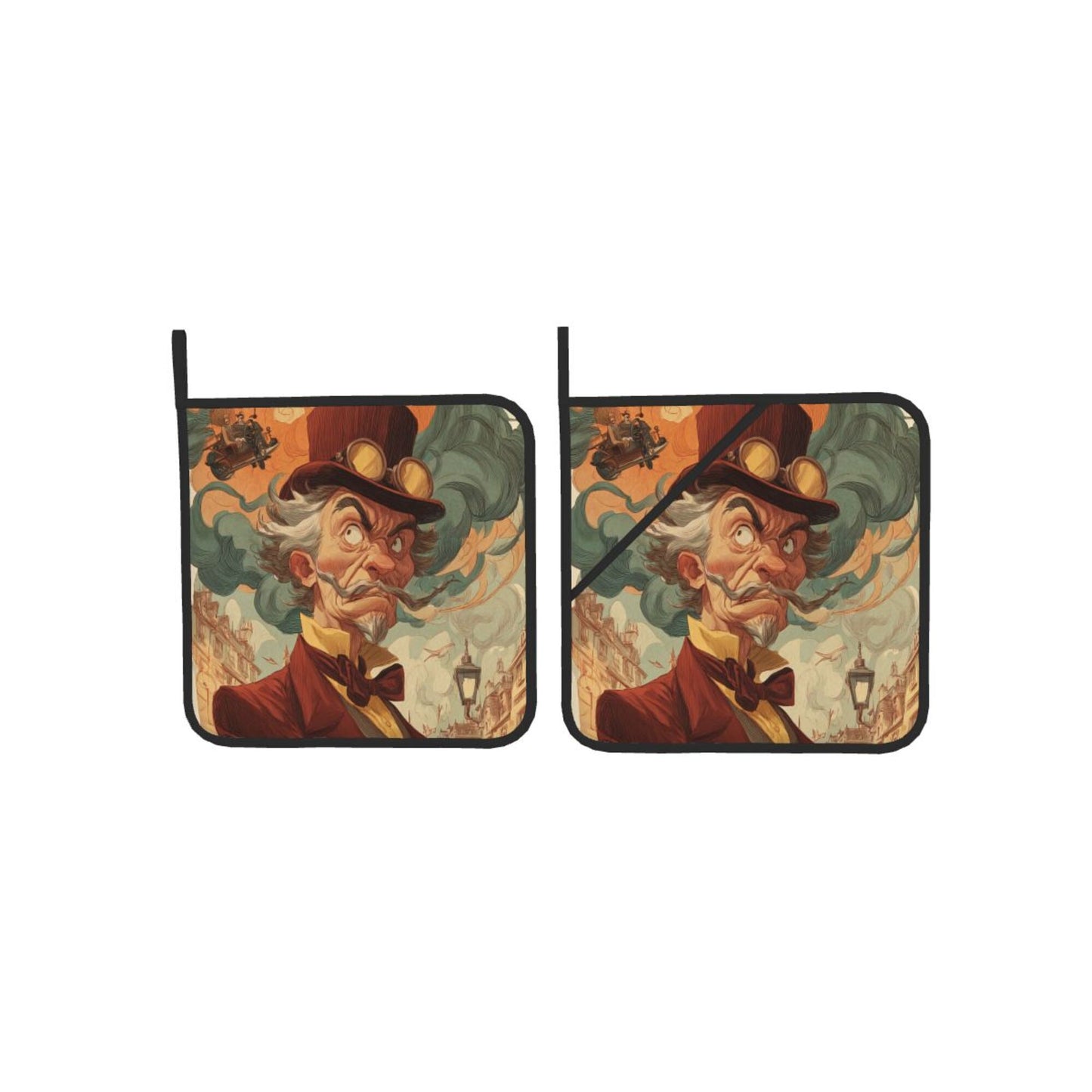 Retro Gentleman Art Pot Holders Set of 2 (8" × 8")|Heat-Resistant Square Hot Pads with Hanging Loop & Grip Strap – Vintage Steampunk Design