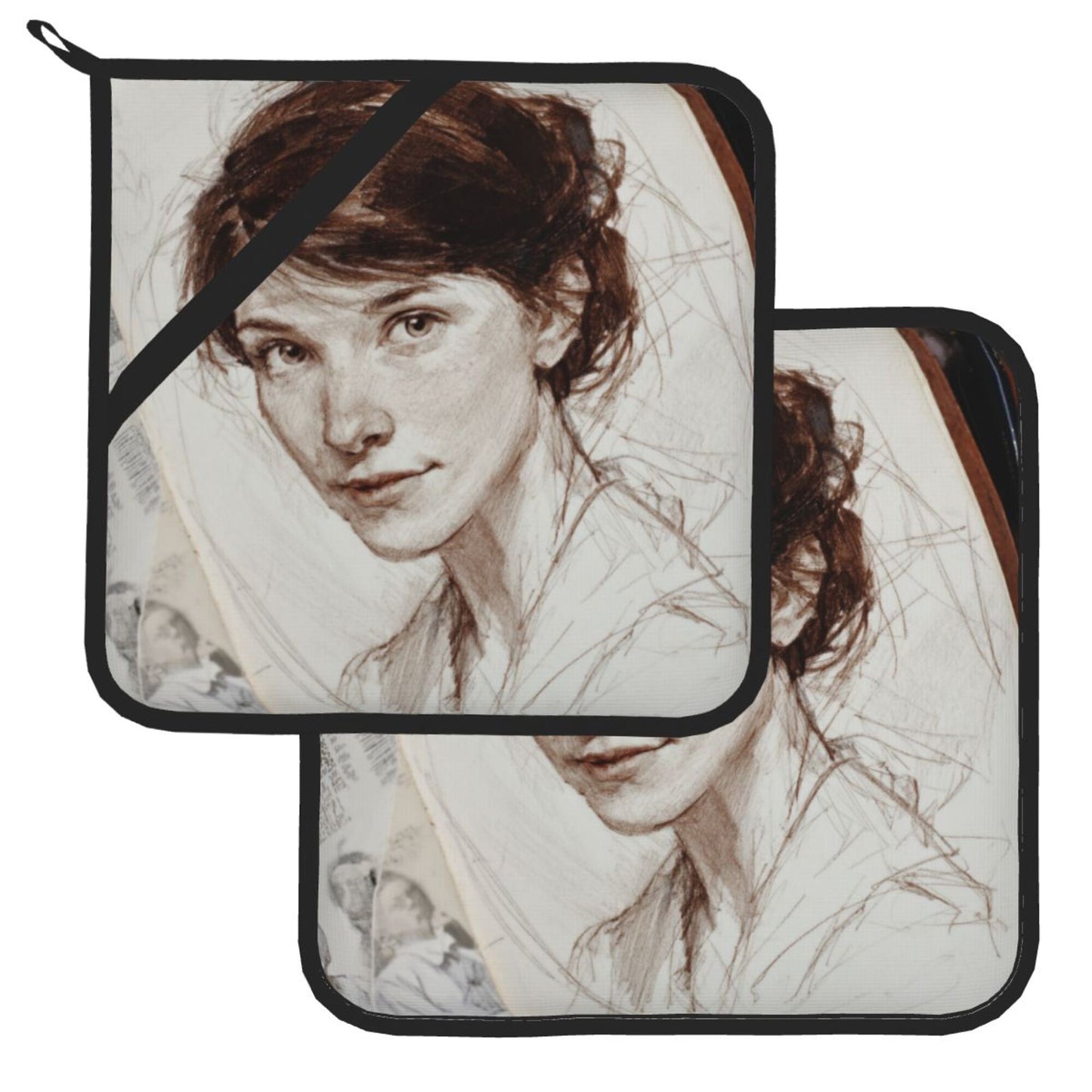Vintage Sketch Style Woman Portrait Pot Holders (Set of 2)|8"x8" Heat-Resistant Square Hot Pads with Hanging Loop & Grip Band
