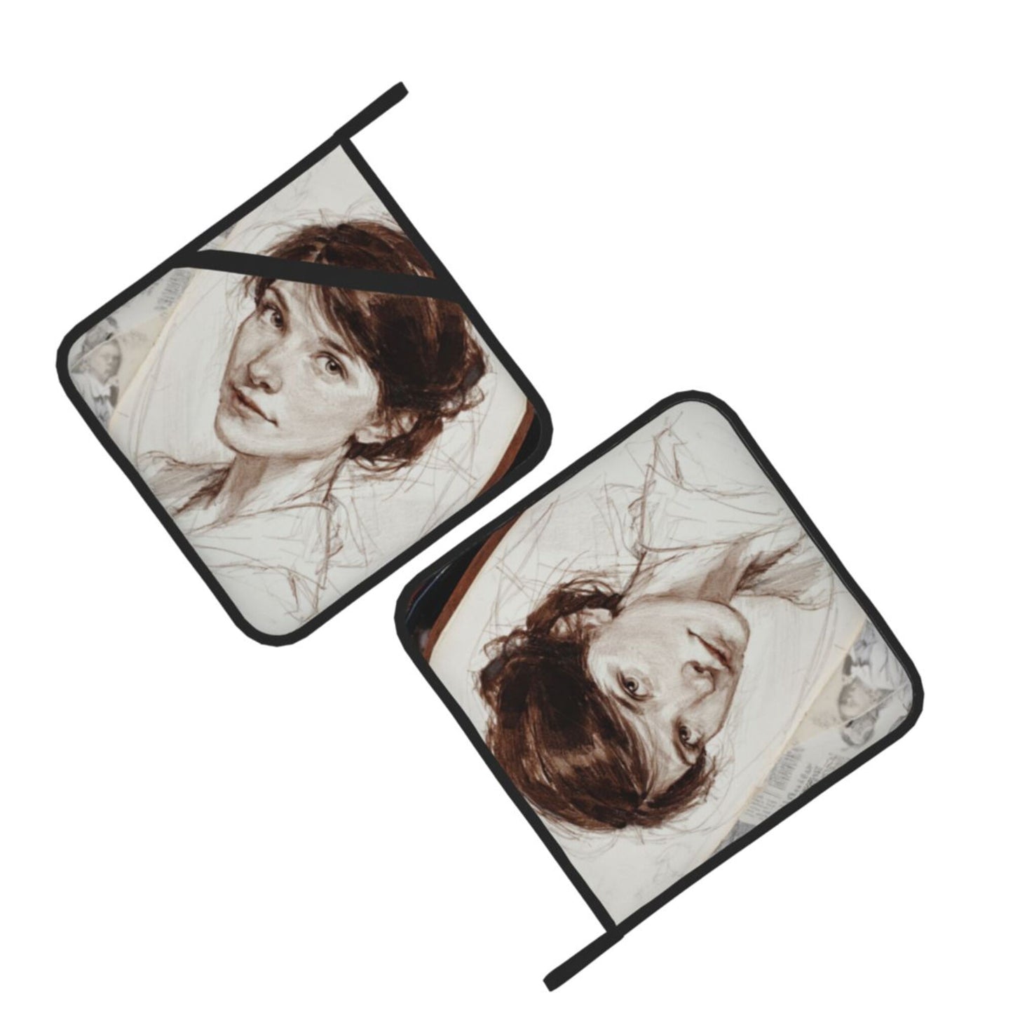 Vintage Sketch Style Woman Portrait Pot Holders (Set of 2)|8"x8" Heat-Resistant Square Hot Pads with Hanging Loop & Grip Band