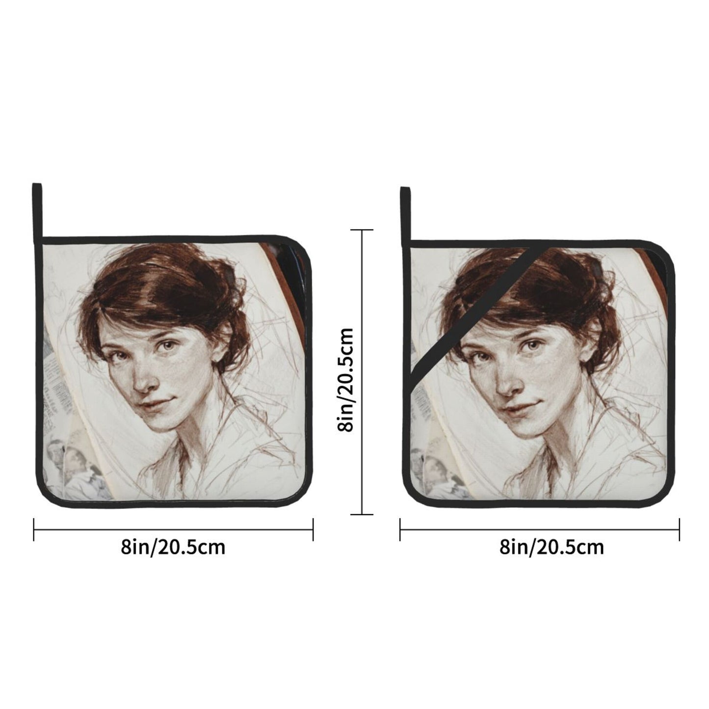 Vintage Sketch Style Woman Portrait Pot Holders (Set of 2)|8"x8" Heat-Resistant Square Hot Pads with Hanging Loop & Grip Band