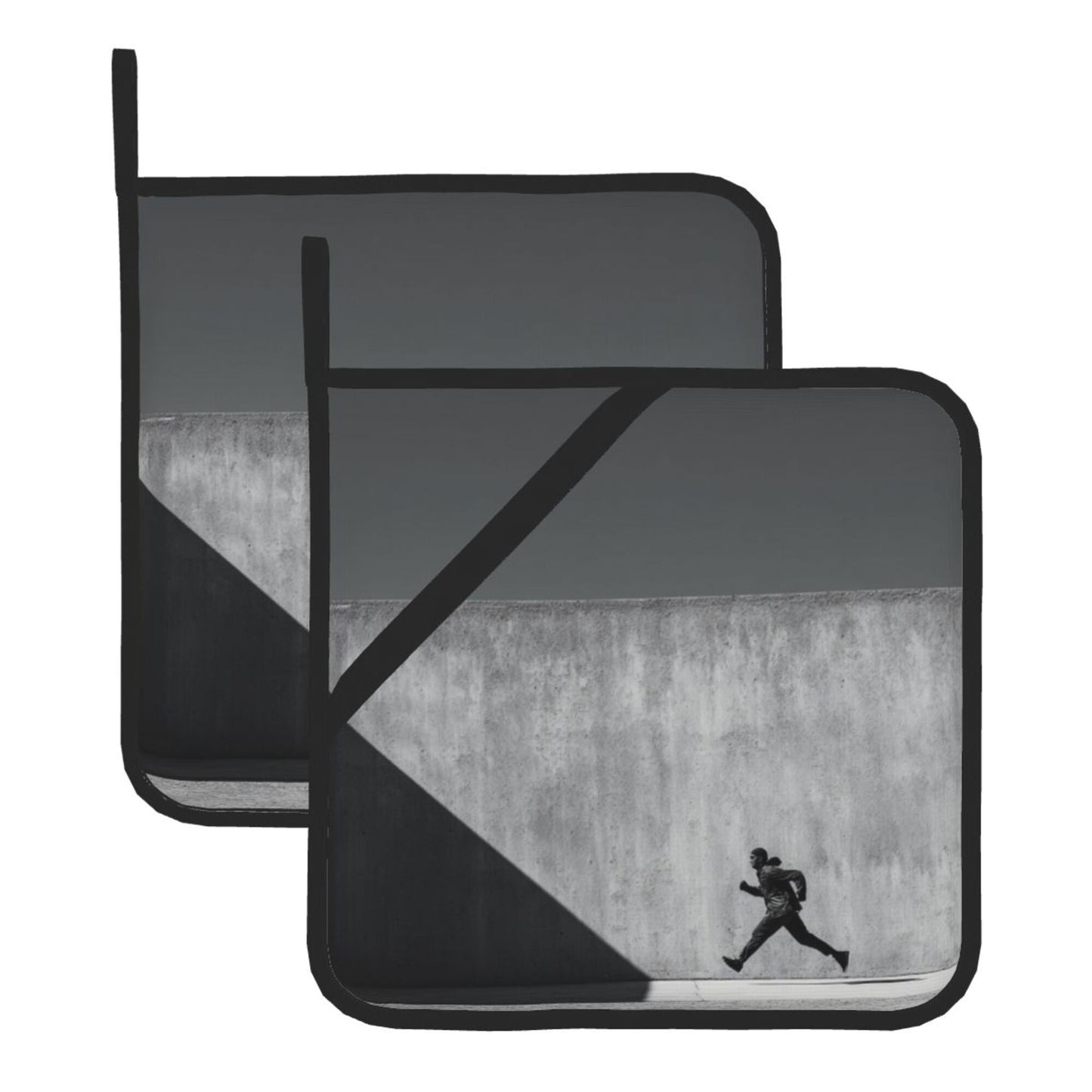 Black & White Runner Art Heat-Resistant Pot Holders (Set of 2)|8"x8" Square Kitchen Pads with Hanging Loop & Elastic Strap