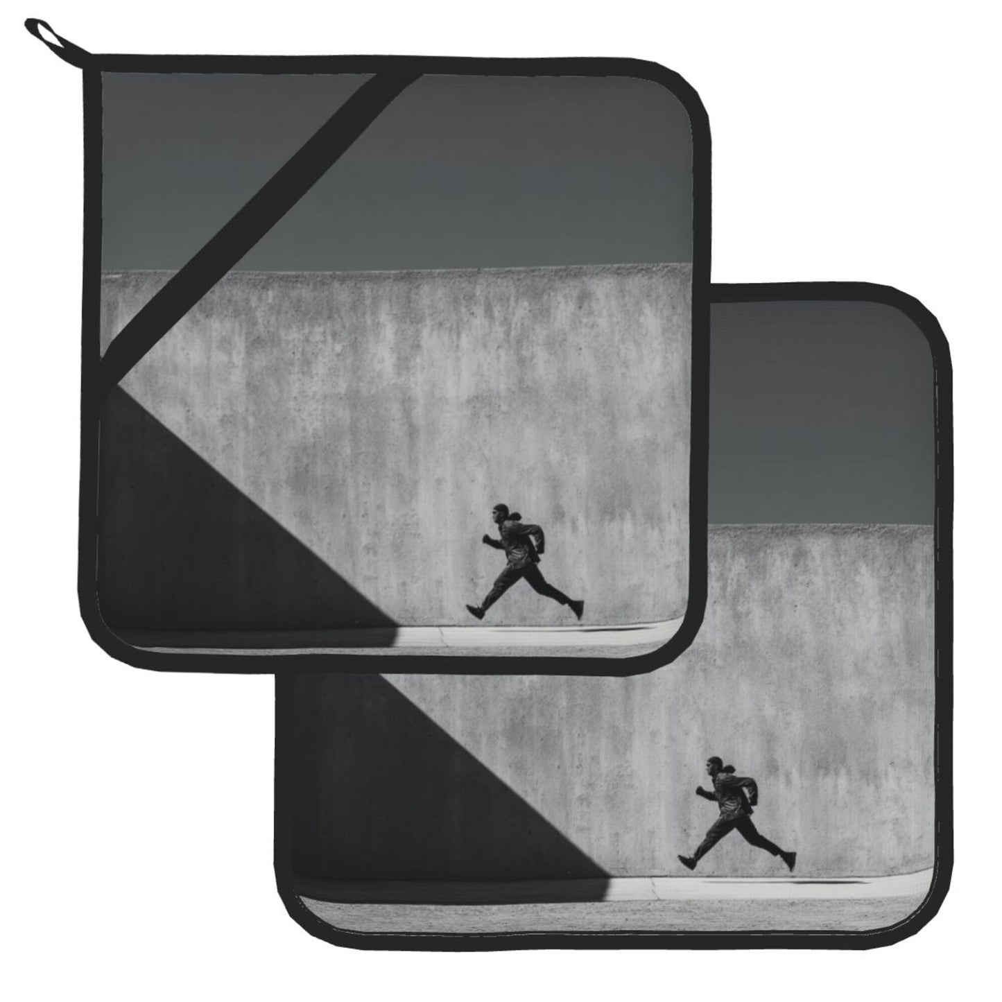 Black & White Runner Art Heat-Resistant Pot Holders (Set of 2)|8"x8" Square Kitchen Pads with Hanging Loop & Elastic Strap