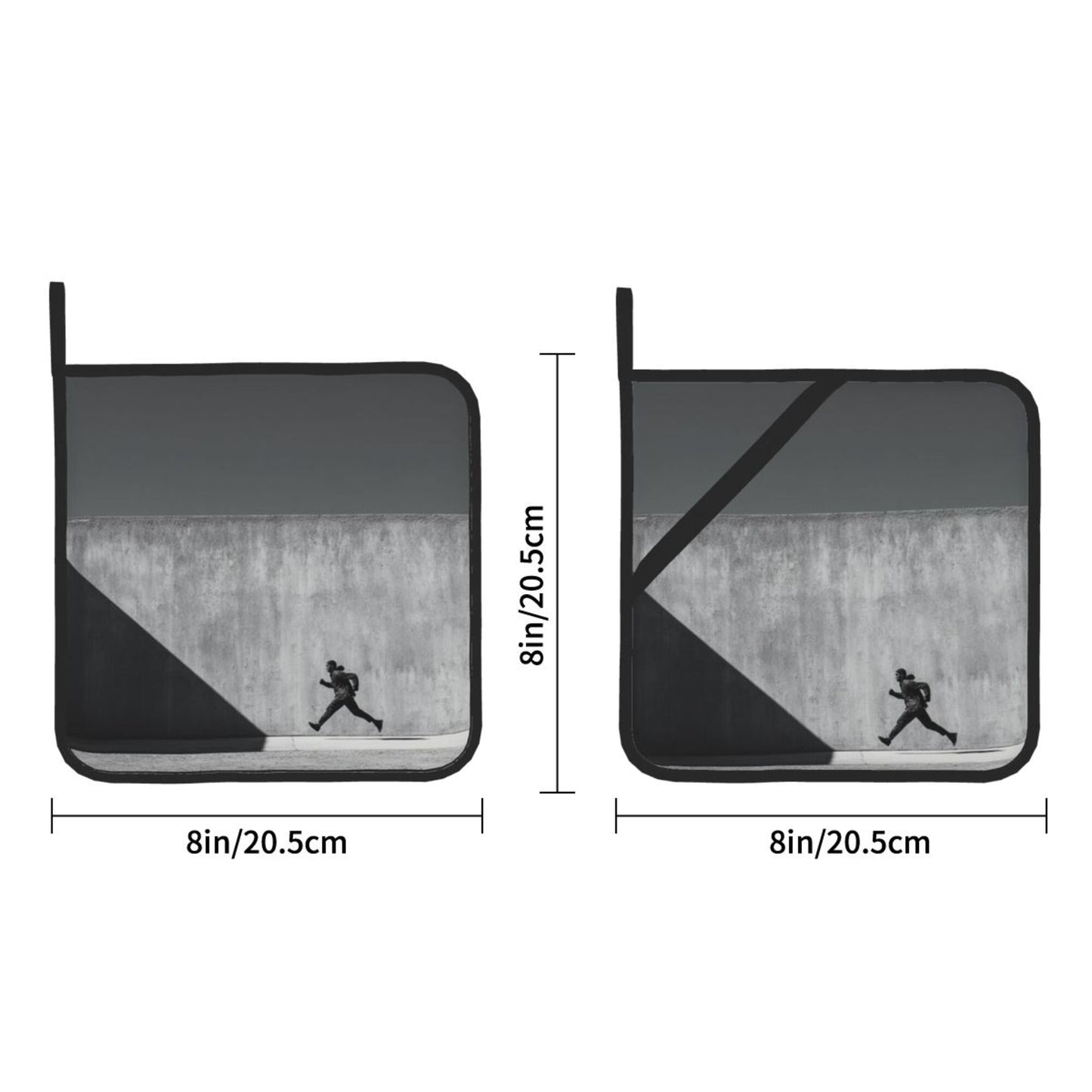 Black & White Runner Art Heat-Resistant Pot Holders (Set of 2)|8"x8" Square Kitchen Pads with Hanging Loop & Elastic Strap