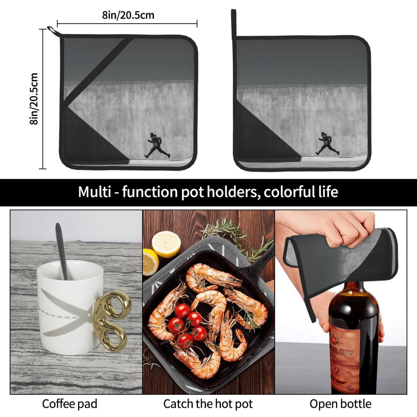 Black & White Runner Art Heat-Resistant Pot Holders (Set of 2)|8"x8" Square Kitchen Pads with Hanging Loop & Elastic Strap