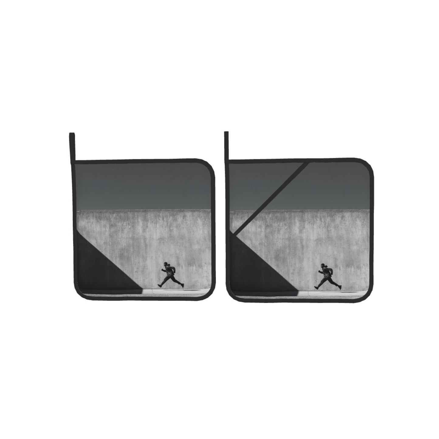 Black & White Runner Art Heat-Resistant Pot Holders (Set of 2)|8"x8" Square Kitchen Pads with Hanging Loop & Elastic Strap