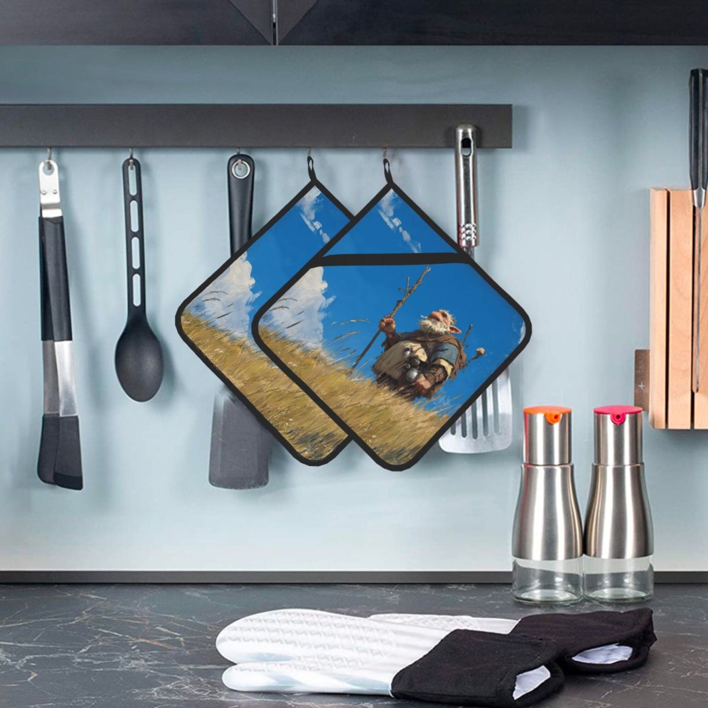 Highland Wanderer Heat-Resistant Pot Holders Set of 2|8"x8" Square Kitchen Pads with Strap and Hanging Loop