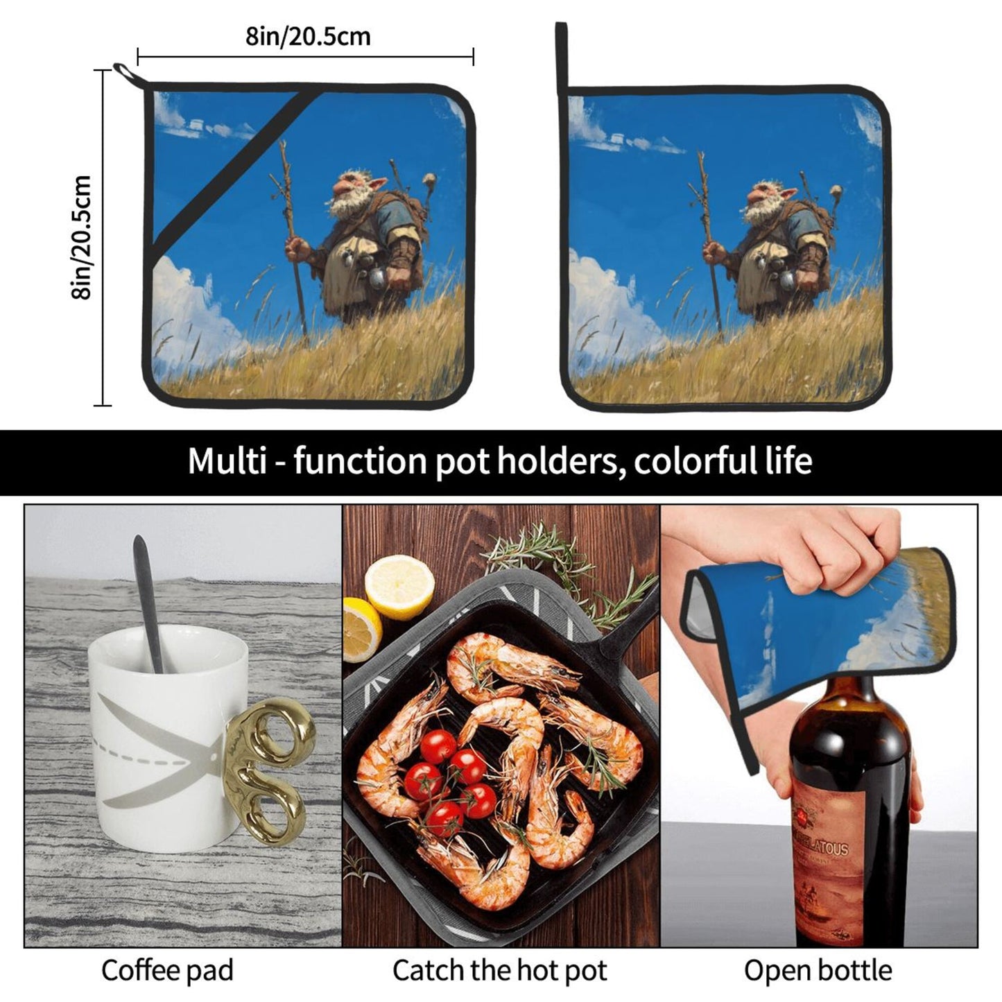 Highland Wanderer Heat-Resistant Pot Holders Set of 2|8"x8" Square Kitchen Pads with Strap and Hanging Loop