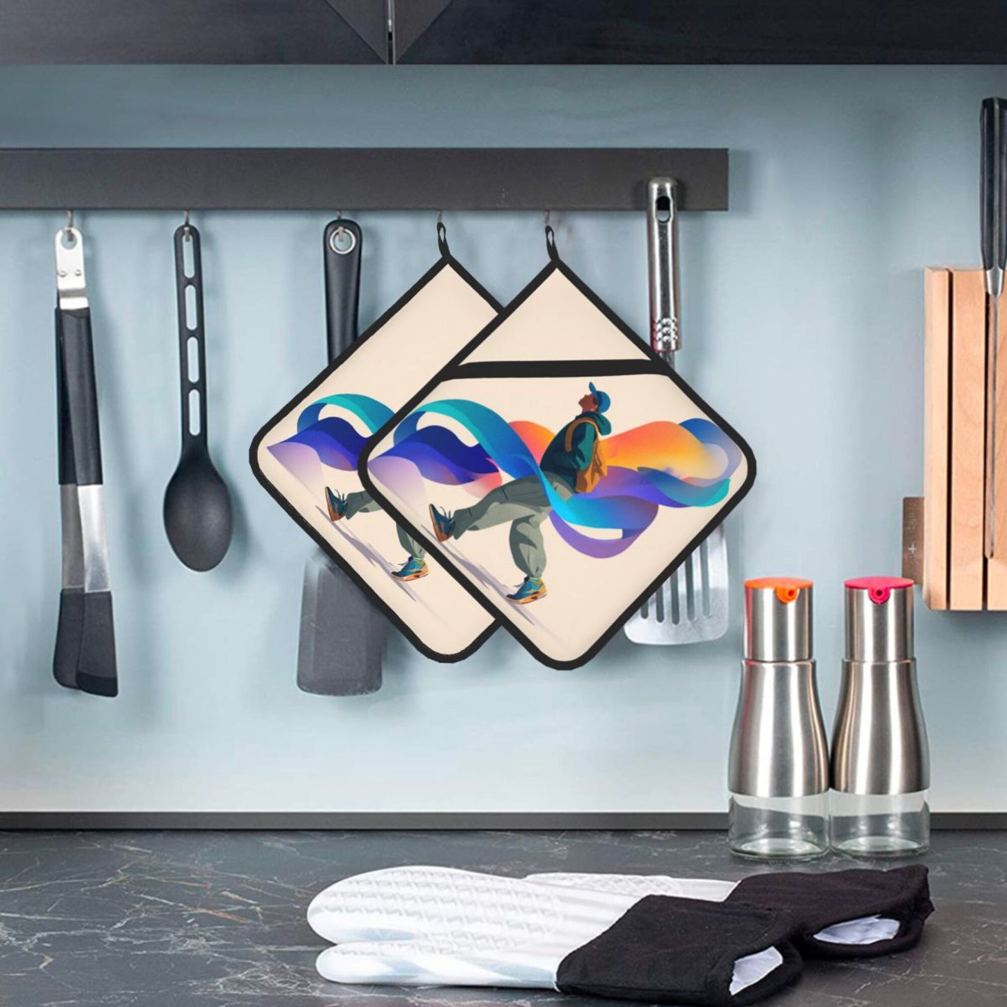 Color Flow Art Pot Holder Set of 2|8"x8" Heat-Resistant Square Kitchen Pads with Elastic Strap & Hanging Loop