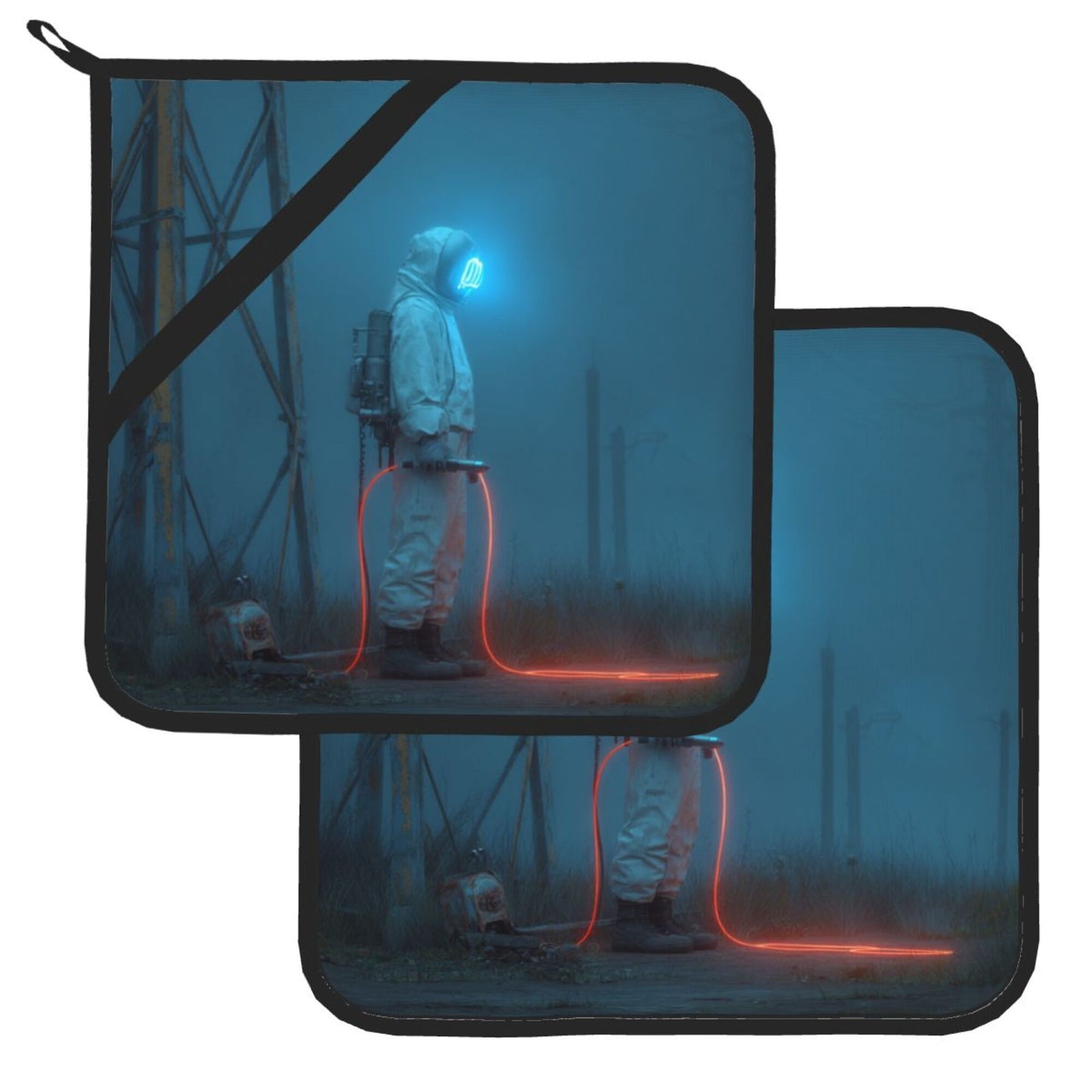Futuristic Astronaut Sci-Fi Pot Holder Set of 2|8"x8" Heat-Resistant Kitchen Pads with Hanging Loop & Elastic Strap