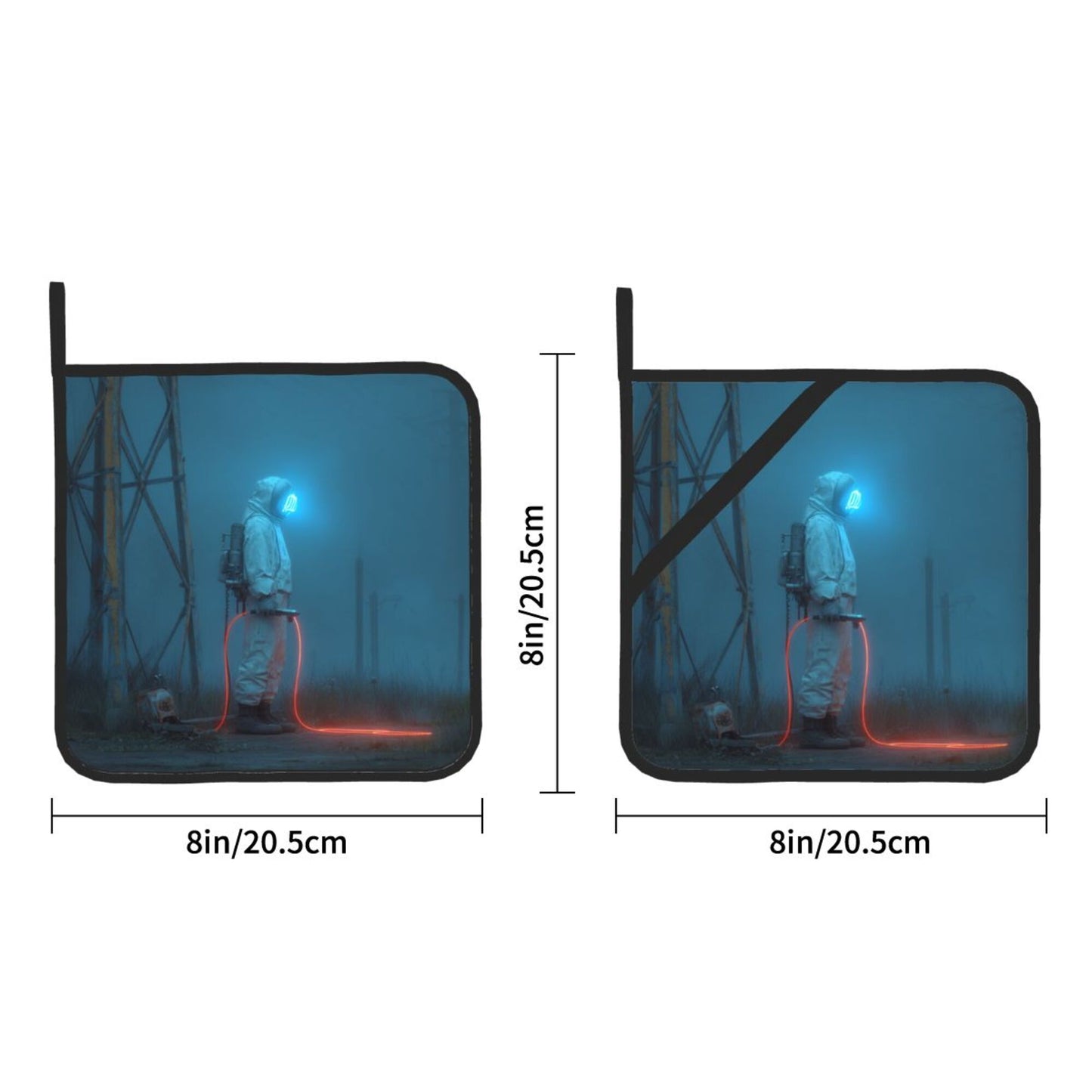 Futuristic Astronaut Sci-Fi Pot Holder Set of 2|8"x8" Heat-Resistant Kitchen Pads with Hanging Loop & Elastic Strap