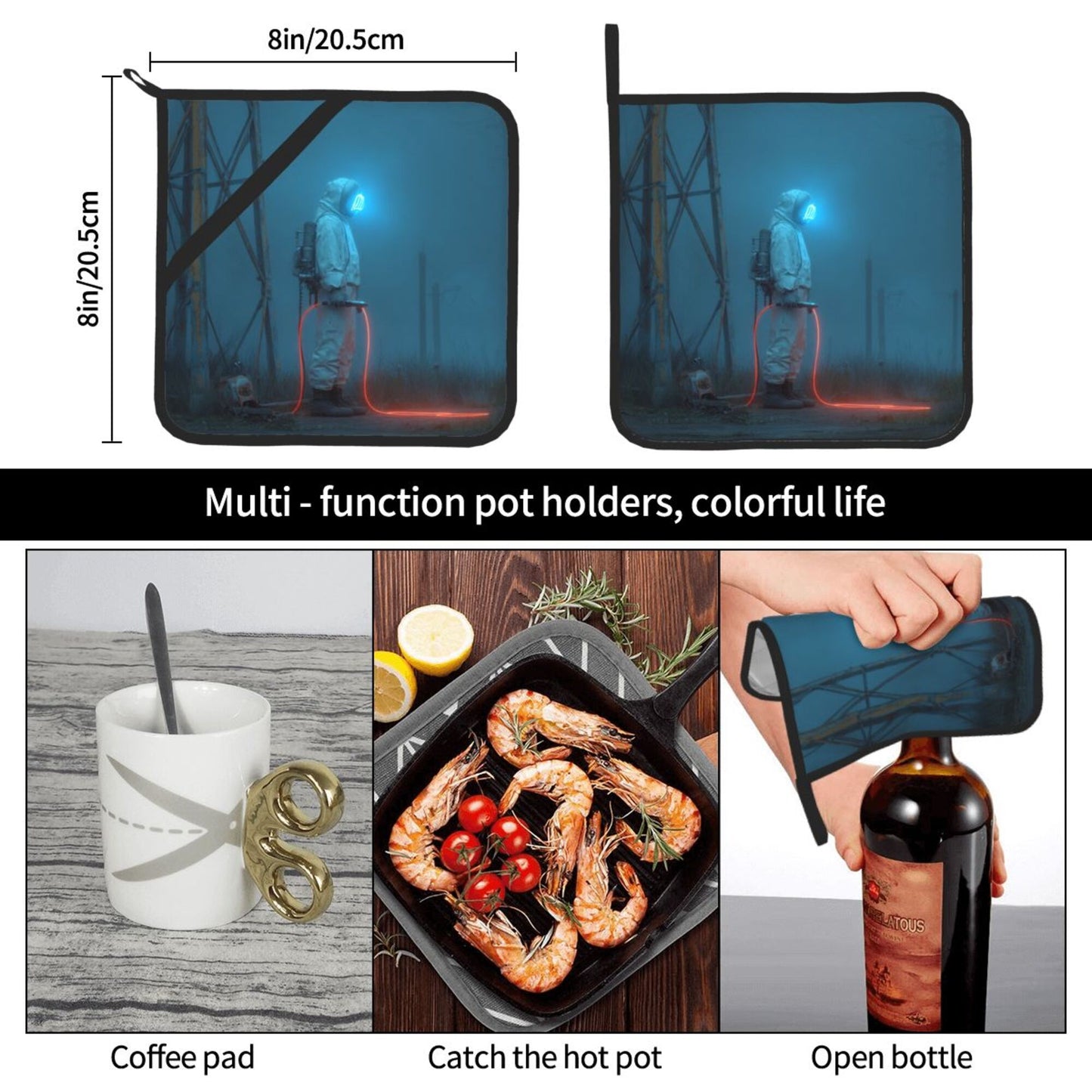 Futuristic Astronaut Sci-Fi Pot Holder Set of 2|8"x8" Heat-Resistant Kitchen Pads with Hanging Loop & Elastic Strap
