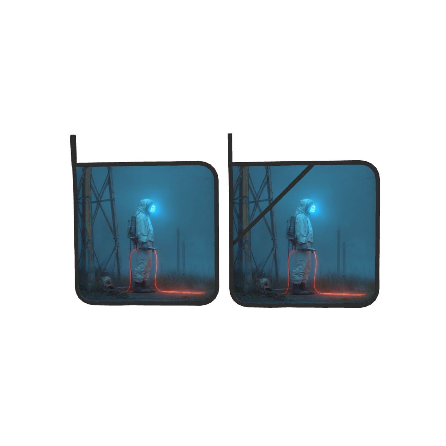 Futuristic Astronaut Sci-Fi Pot Holder Set of 2|8"x8" Heat-Resistant Kitchen Pads with Hanging Loop & Elastic Strap