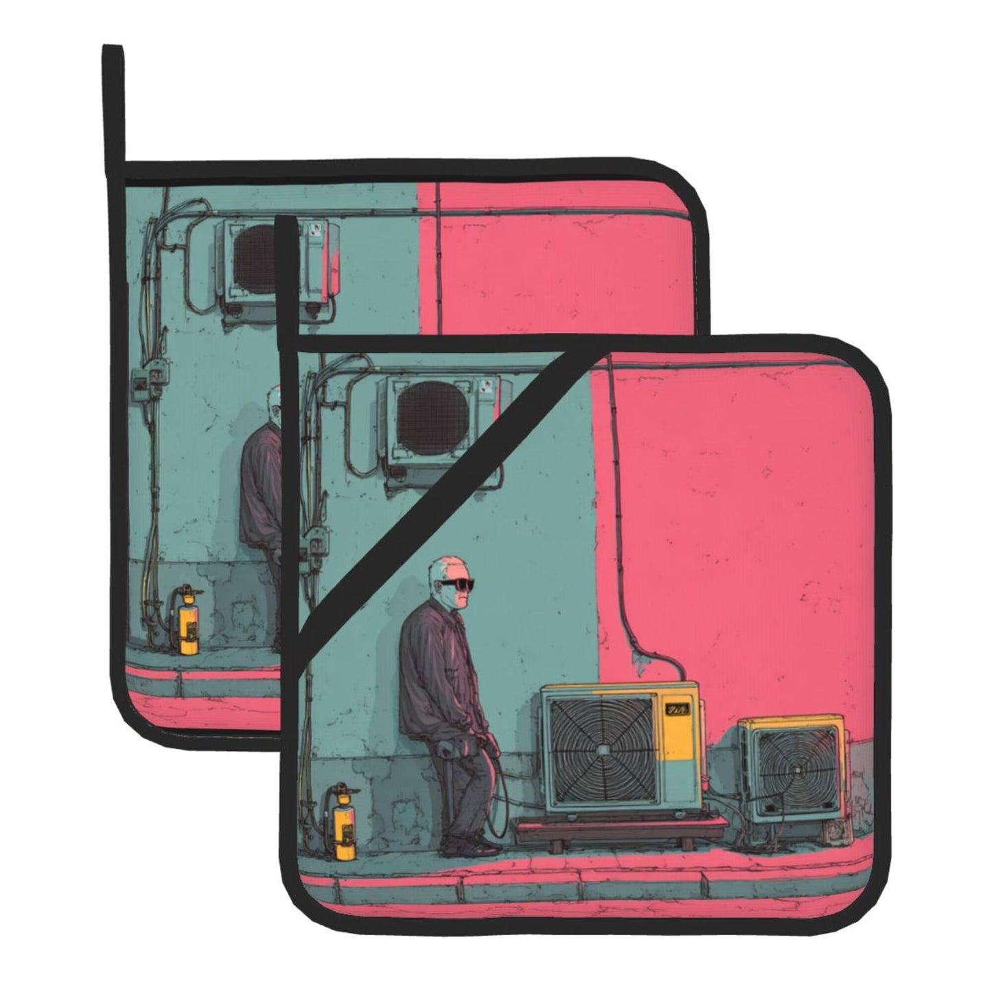 Neon Industrial Street Art Pot Holder Set of 2|8"x8" Heat-Resistant Square Pads with Hanging Loop & Grip Strap