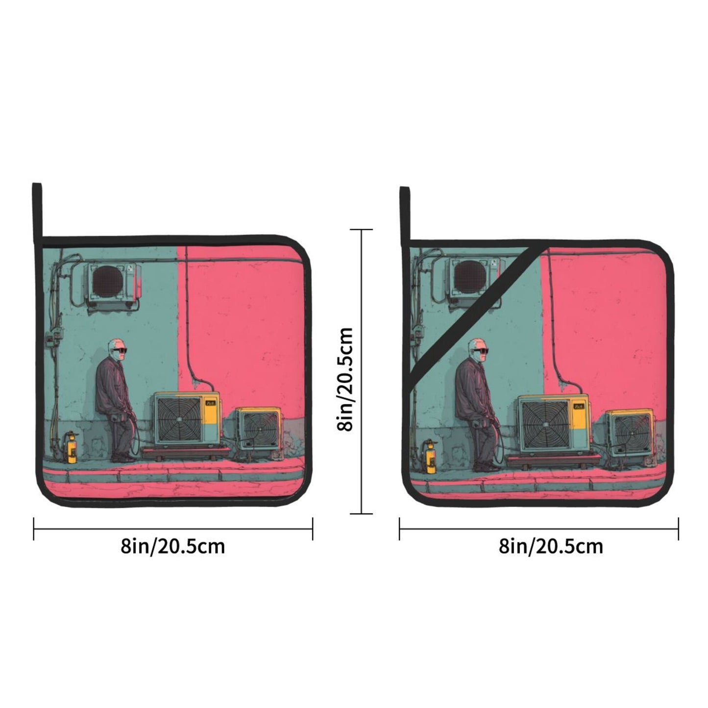 Neon Industrial Street Art Pot Holder Set of 2|8"x8" Heat-Resistant Square Pads with Hanging Loop & Grip Strap
