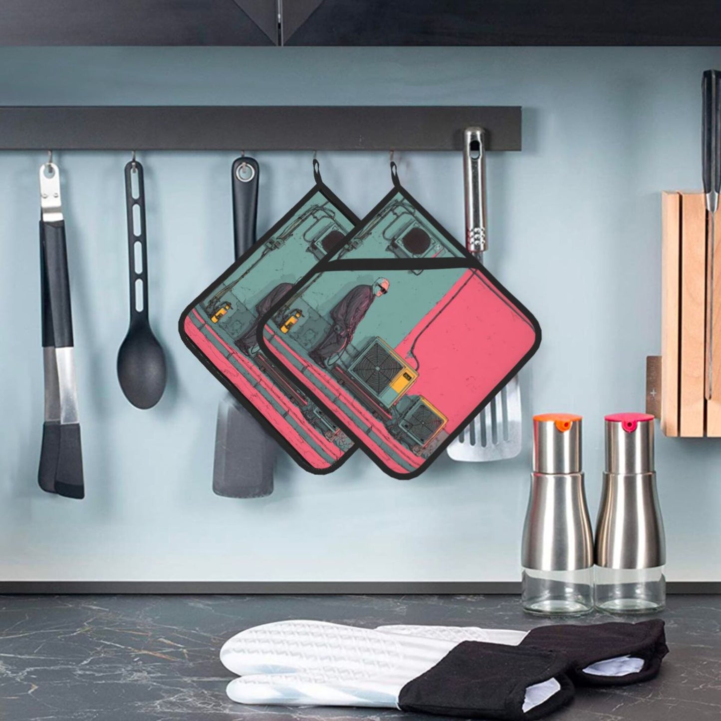 Neon Industrial Street Art Pot Holder Set of 2|8"x8" Heat-Resistant Square Pads with Hanging Loop & Grip Strap