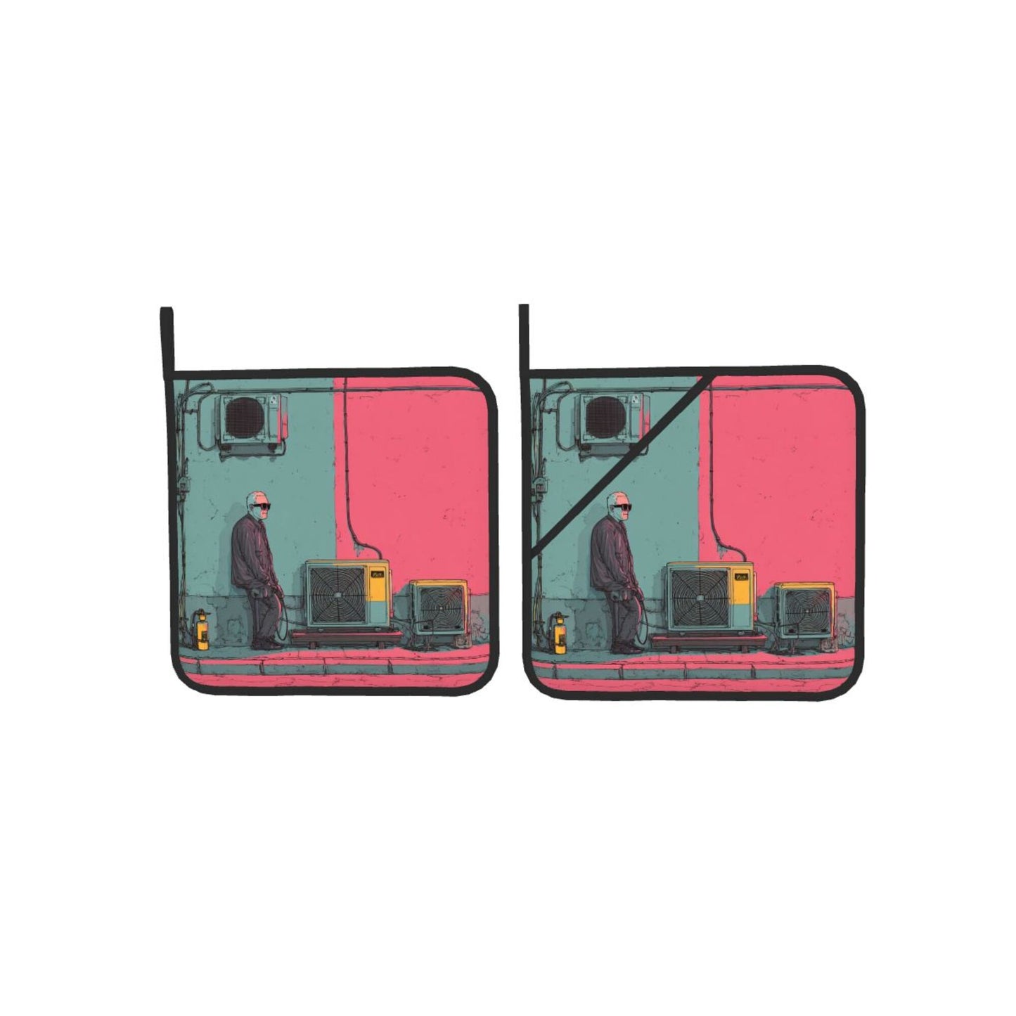 Neon Industrial Street Art Pot Holder Set of 2|8"x8" Heat-Resistant Square Pads with Hanging Loop & Grip Strap