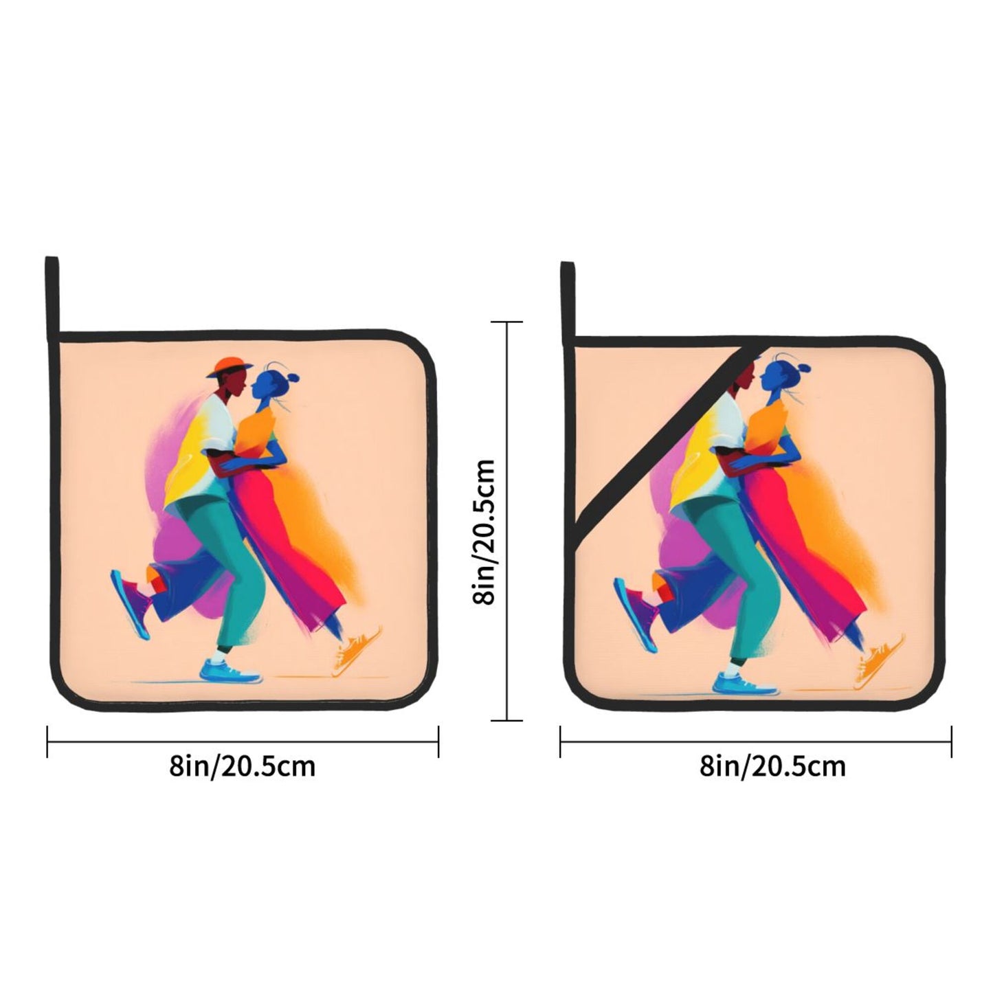 Couple Illustration Pot Holder Set of 2|Romantic Heat-Resistant Pads with Hanging Loop & Hand Strap|8" x 8" Square Design