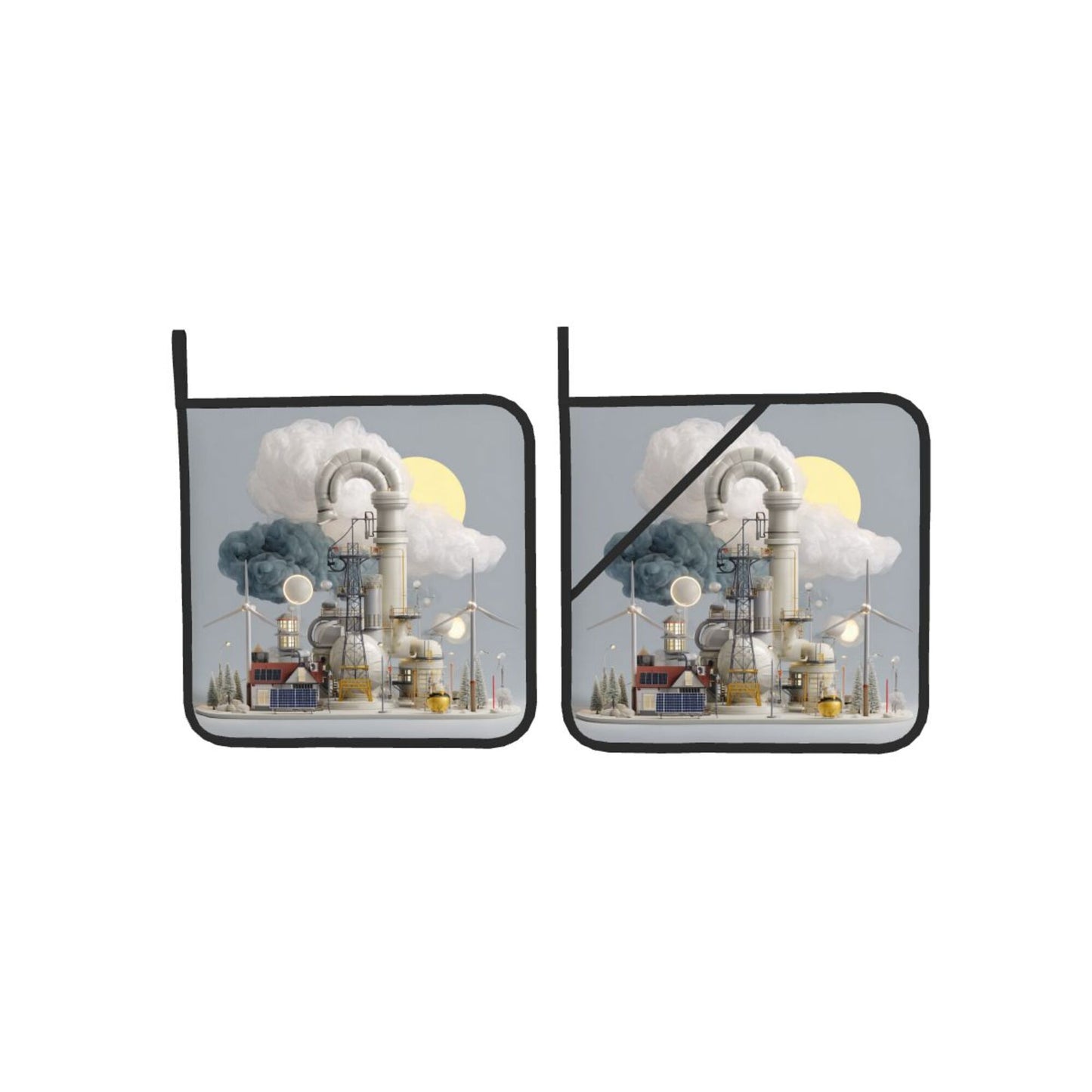 Industrial Illustration Heat-Resistant Pot Holder Set of 2|Sci-Fi Themed Square Kitchen Pads|8" x 8" with Hanging Loop & Elastic Strap