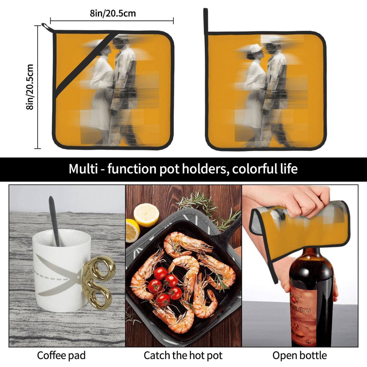 Abstract Couple Art Heat-Resistant Pot Holder Set|Modern Romantic Kitchen Pads|8"x8" Square with Hanging Loop & Elastic Strap