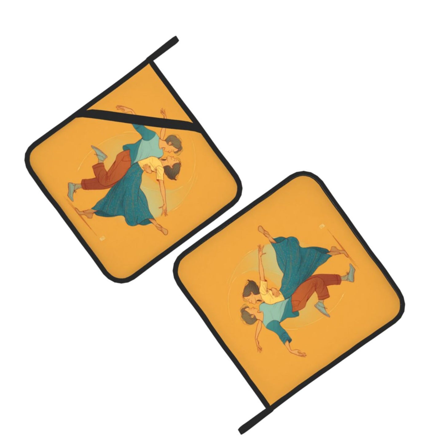 Romantic Dancing Couple Pot Holder Set (2 Pack)|Vintage Style Heat-Resistant Pads|8"x8" with Hanging Loop & Hand Strap