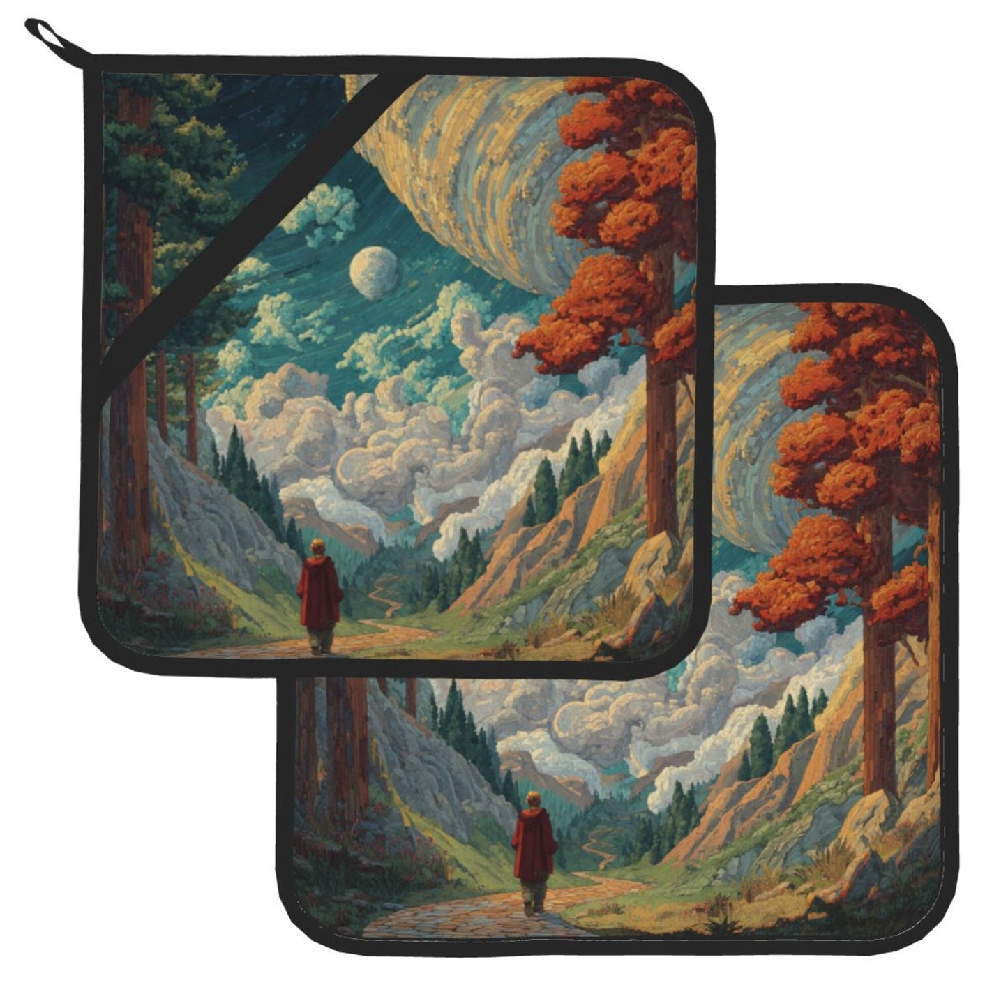 Fantasy Forest & Galaxy Scenic Pot Holder Set (2 Pack)|8"x8" Artistic Heat-Resistant Pads with Hanging Loop