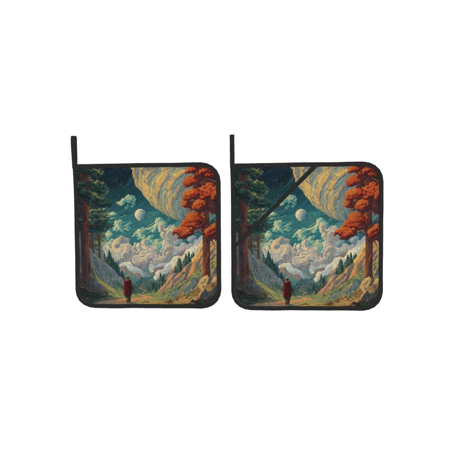 Fantasy Forest & Galaxy Scenic Pot Holder Set (2 Pack)|8"x8" Artistic Heat-Resistant Pads with Hanging Loop
