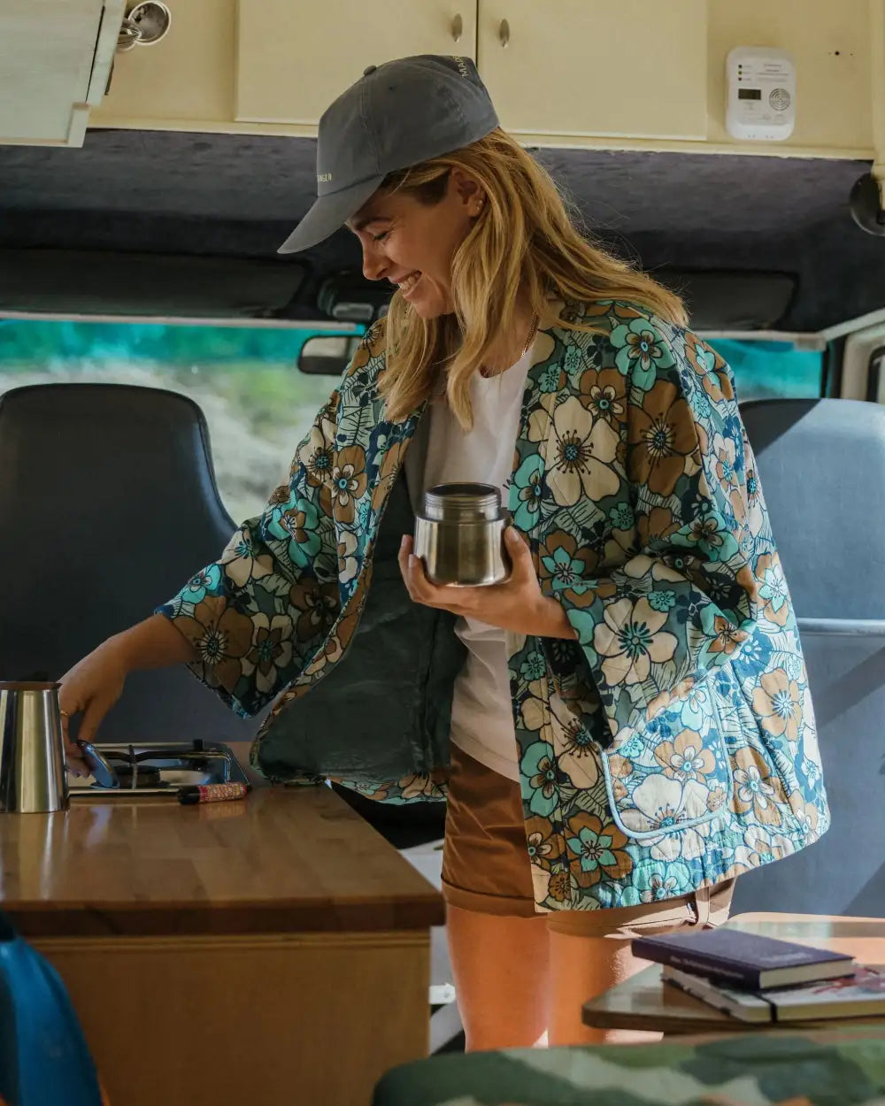 Mira Organic Cotton Quilted Overshirt - Vintage Floral Aqua