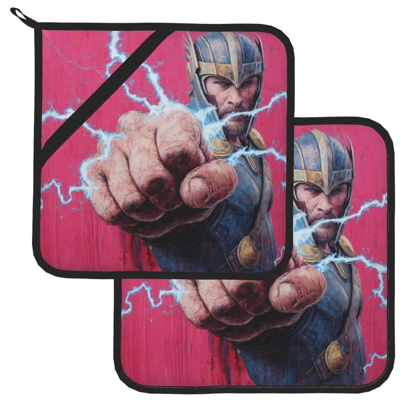 Thor Pattern Square Heat-Resistant Pot Holders Set of 2 – 8×8 Inches Insulated Kitchen Trivets with Hanging Loop & Slip-Resistant Back