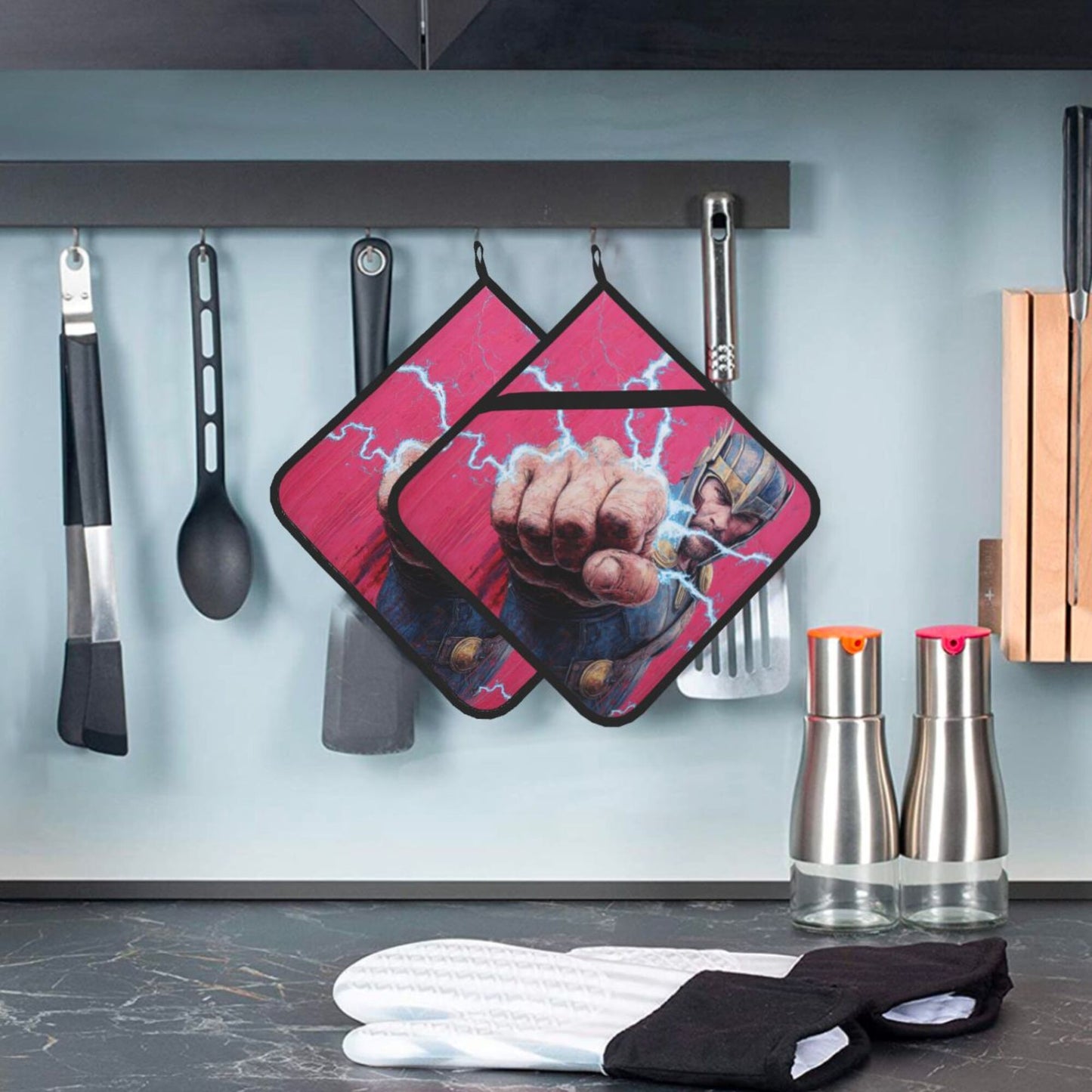 Thor Pattern Square Heat-Resistant Pot Holders Set of 2 – 8×8 Inches Insulated Kitchen Trivets with Hanging Loop & Slip-Resistant Back