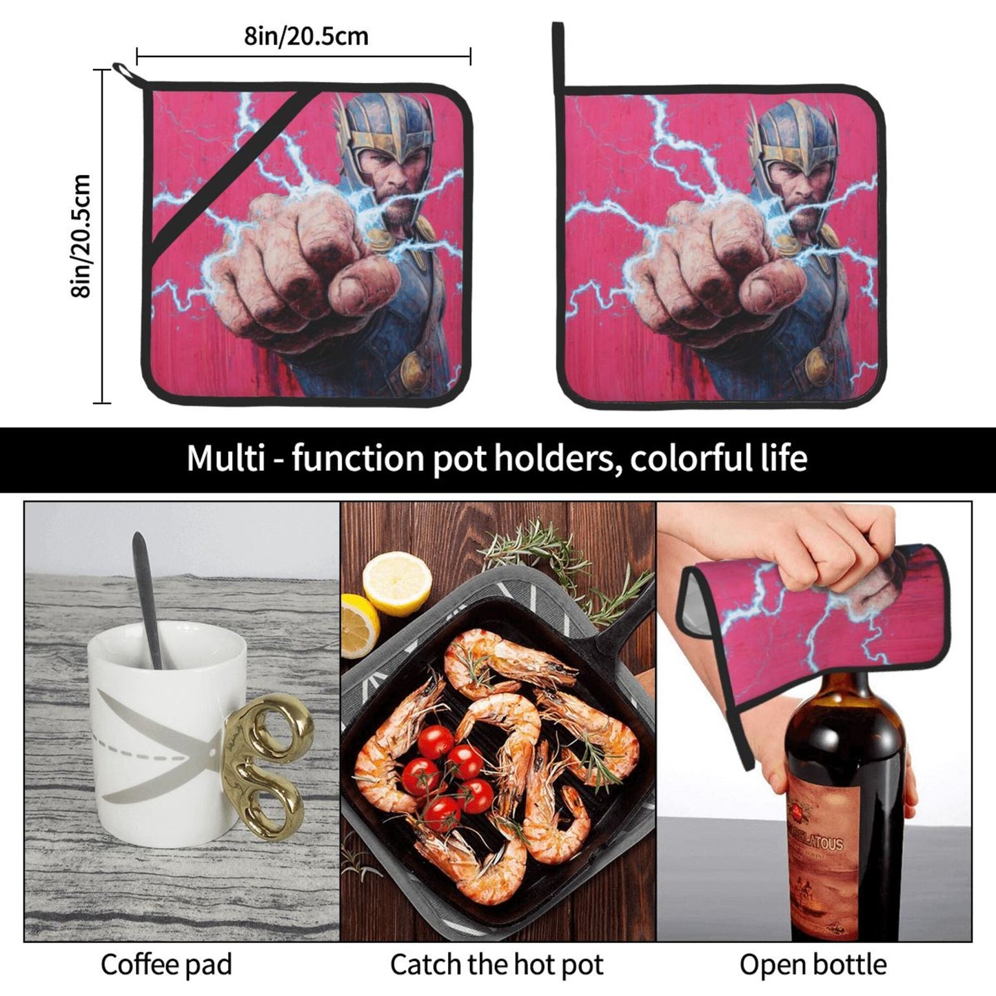 Thor Pattern Square Heat-Resistant Pot Holders Set of 2 – 8×8 Inches Insulated Kitchen Trivets with Hanging Loop & Slip-Resistant Back