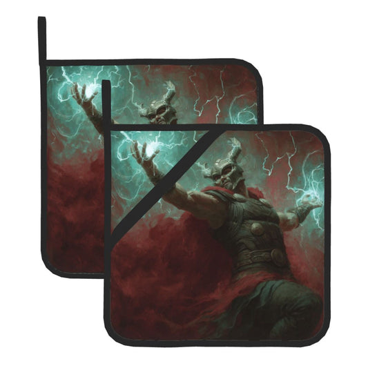 Thor-Themed Heat Resistant Pot Holders Set of 2 (8"×8")｜Non-Slip Hot Pads with Hanging Loop – Durable Insulated Kitchen Mats