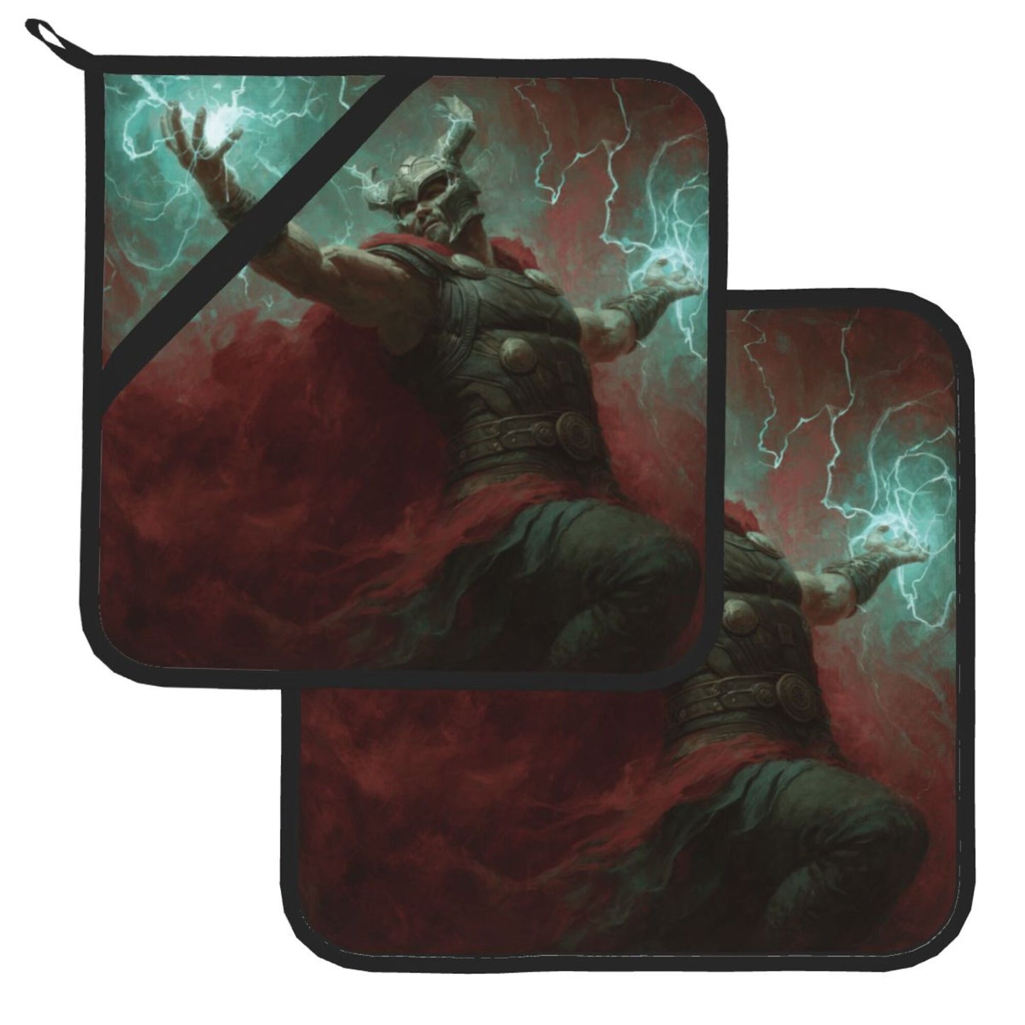 Thor-Themed Heat Resistant Pot Holders Set of 2 (8"×8")｜Non-Slip Hot Pads with Hanging Loop – Durable Insulated Kitchen Mats
