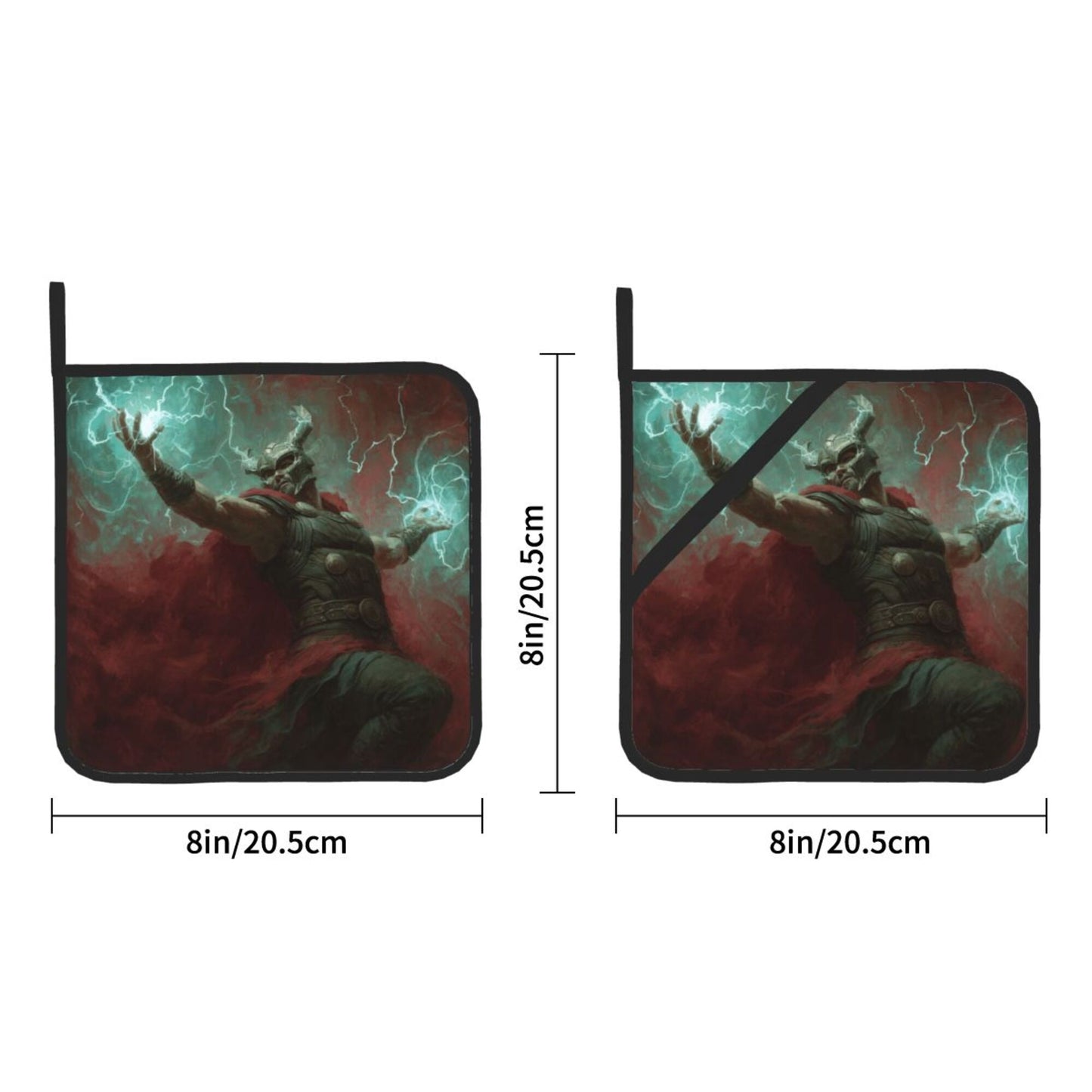 Thor-Themed Heat Resistant Pot Holders Set of 2 (8"×8")｜Non-Slip Hot Pads with Hanging Loop – Durable Insulated Kitchen Mats