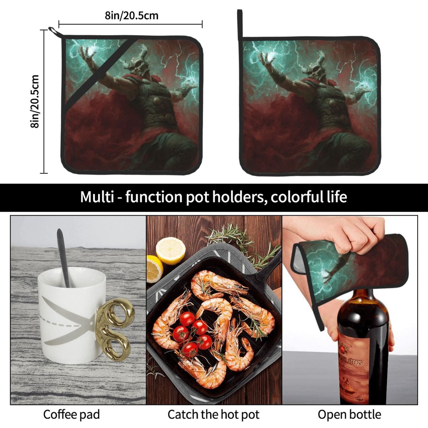 Thor-Themed Heat Resistant Pot Holders Set of 2 (8"×8")｜Non-Slip Hot Pads with Hanging Loop – Durable Insulated Kitchen Mats