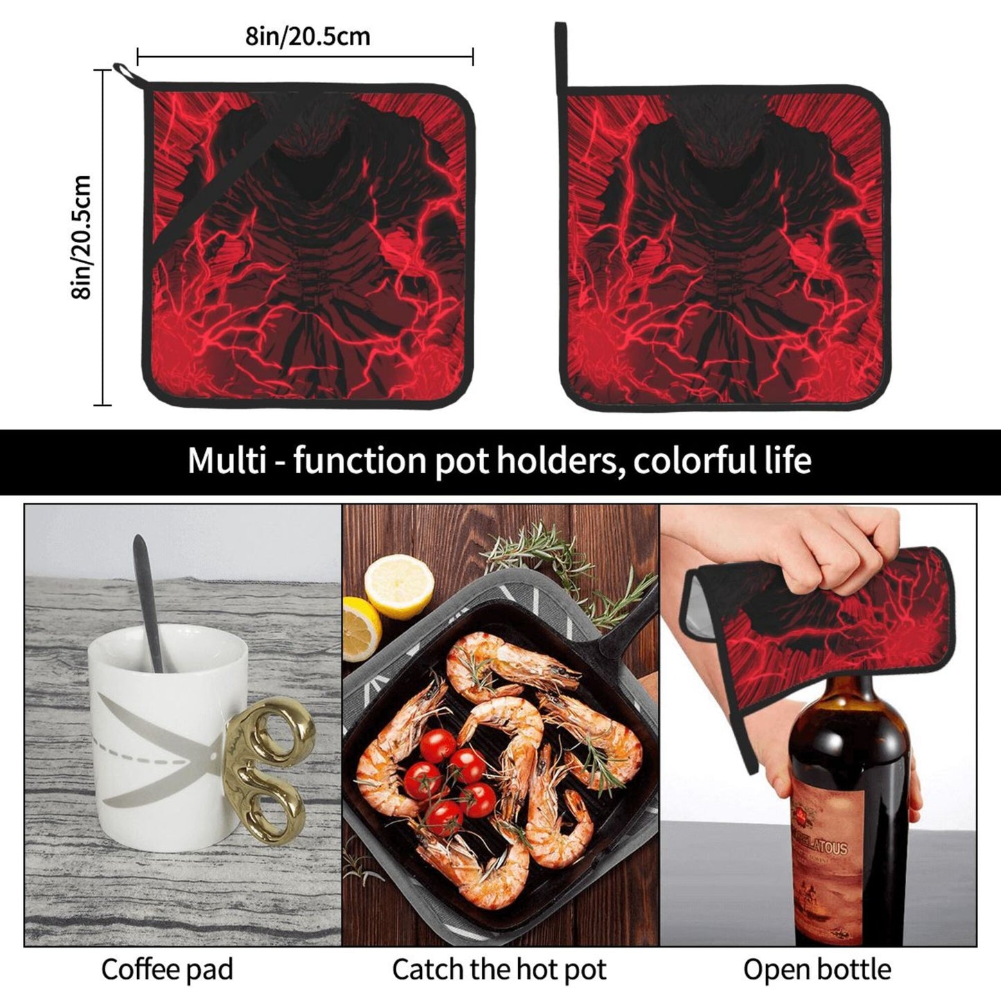 Dark Lightning Pot Holders Set of 2 (8" × 8")｜Heat-Resistant Square Hot Pads with Non-Slip Back & Hanging Loop – Anime-Inspired Design