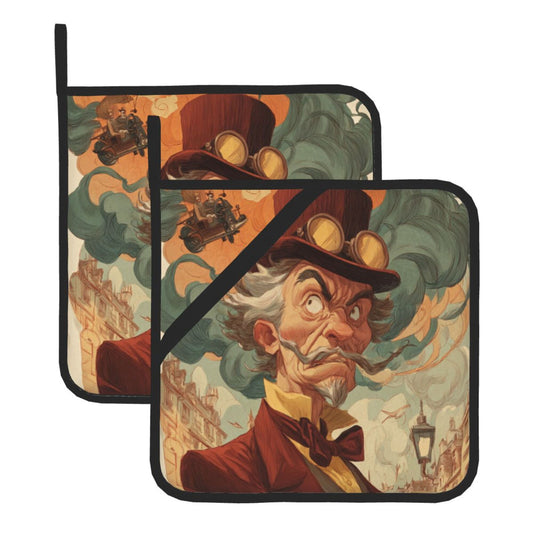 Retro Gentleman Art Pot Holders Set of 2 (8" × 8")｜Heat-Resistant Square Hot Pads with Hanging Loop & Grip Strap – Vintage Steampunk Design