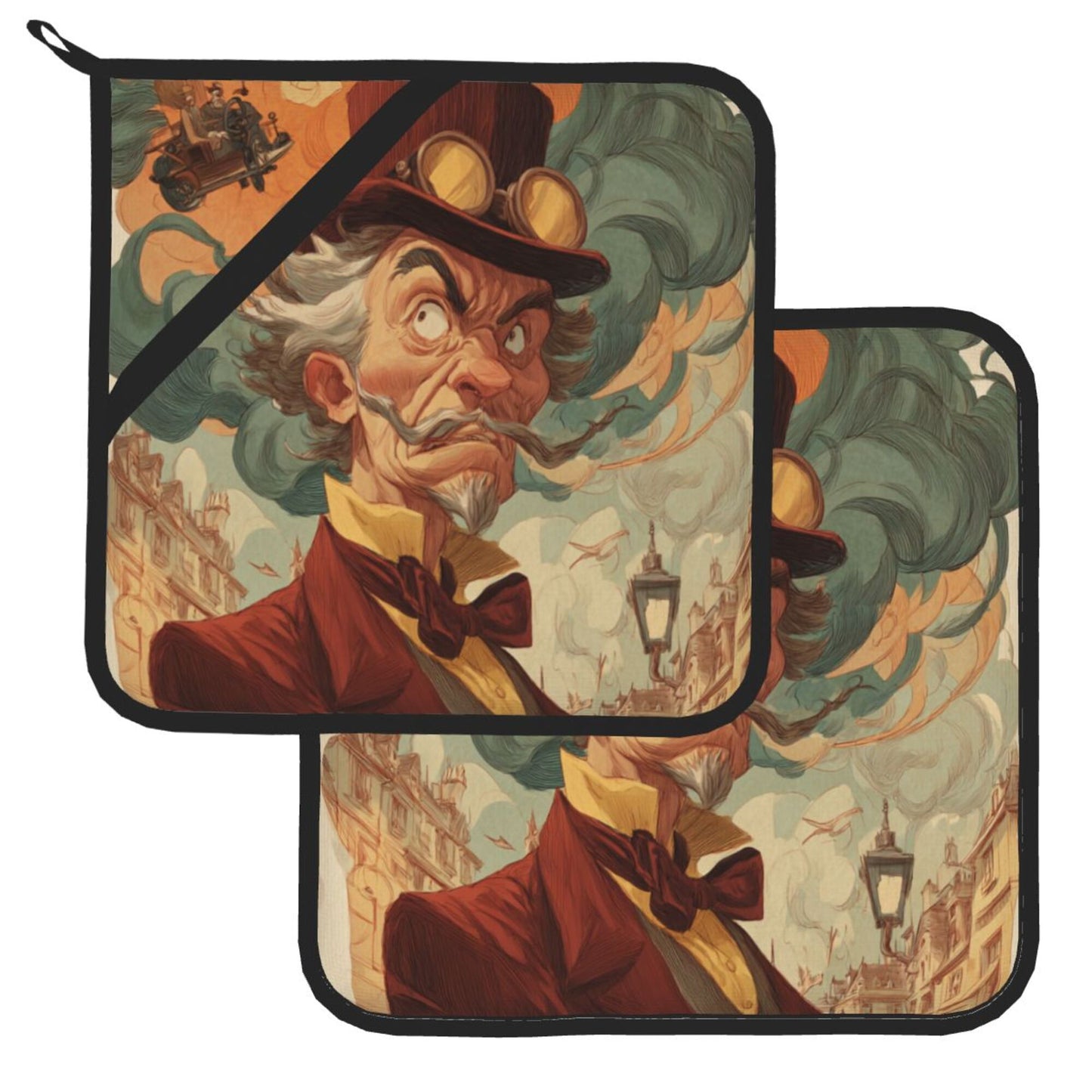 Retro Gentleman Art Pot Holders Set of 2 (8" × 8")｜Heat-Resistant Square Hot Pads with Hanging Loop & Grip Strap – Vintage Steampunk Design