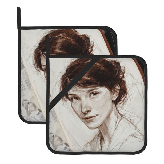 Vintage Sketch Style Woman Portrait Pot Holders (Set of 2)｜8"x8" Heat-Resistant Square Hot Pads with Hanging Loop & Grip Band