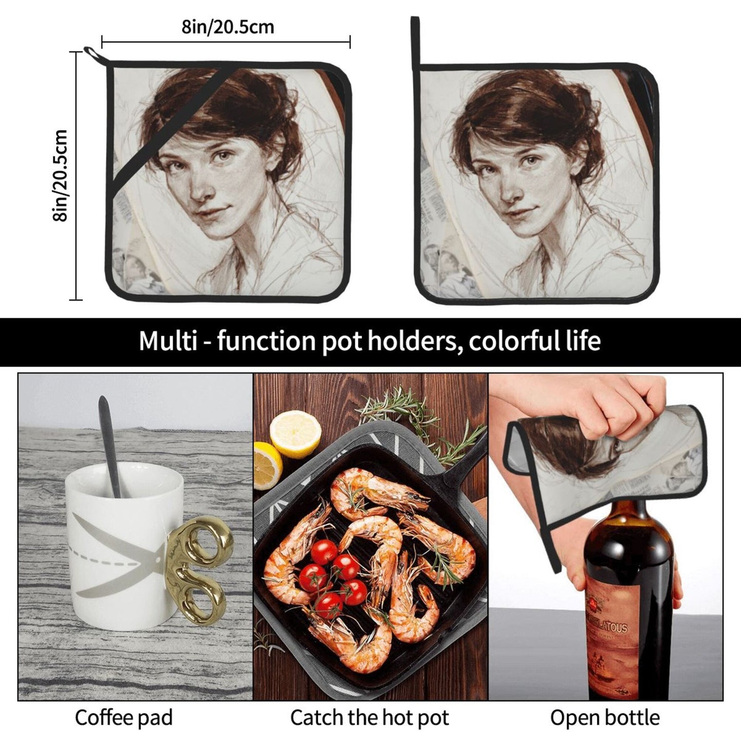 Vintage Sketch Style Woman Portrait Pot Holders (Set of 2)｜8"x8" Heat-Resistant Square Hot Pads with Hanging Loop & Grip Band