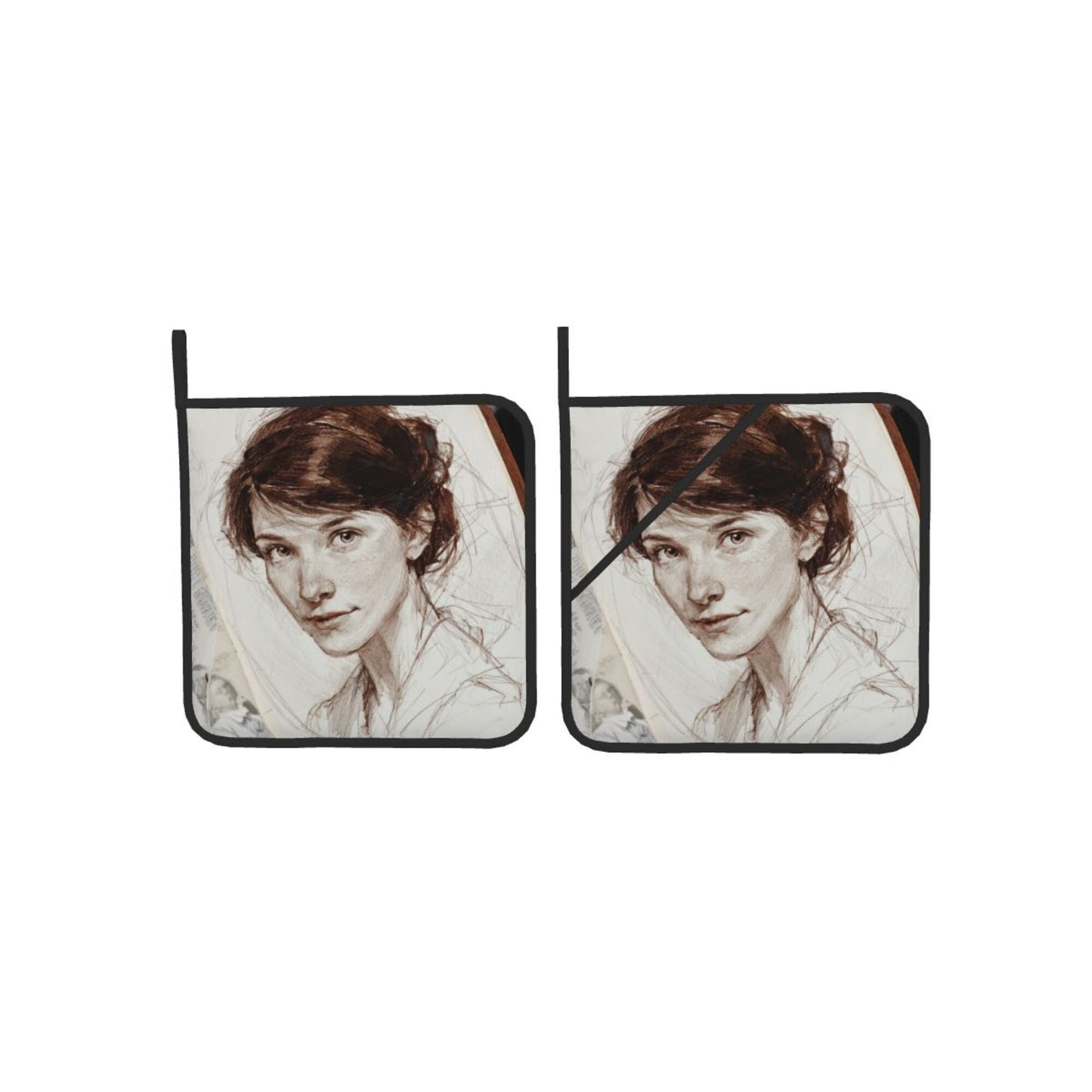Vintage Sketch Style Woman Portrait Pot Holders (Set of 2)｜8"x8" Heat-Resistant Square Hot Pads with Hanging Loop & Grip Band