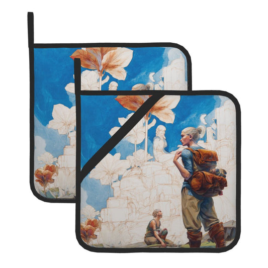 Adventure Illustration Style Heat-Resistant Pot Holders (Set of 2)｜8"x8" Square Hot Pads with Hanging Loop & Elastic Strap – 20.5cm×20.5cm