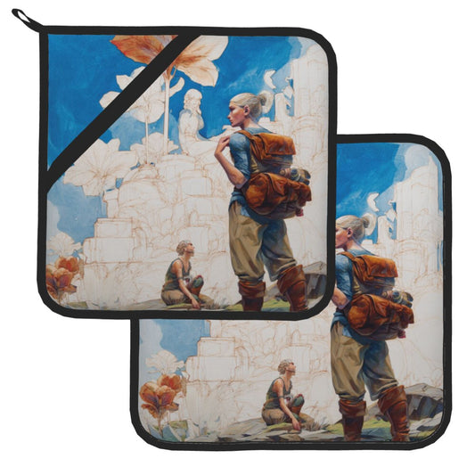 Adventure Illustration Style Heat-Resistant Pot Holders (Set of 2)｜8"x8" Square Hot Pads with Hanging Loop & Elastic Strap – 20.5cm×20.5cm