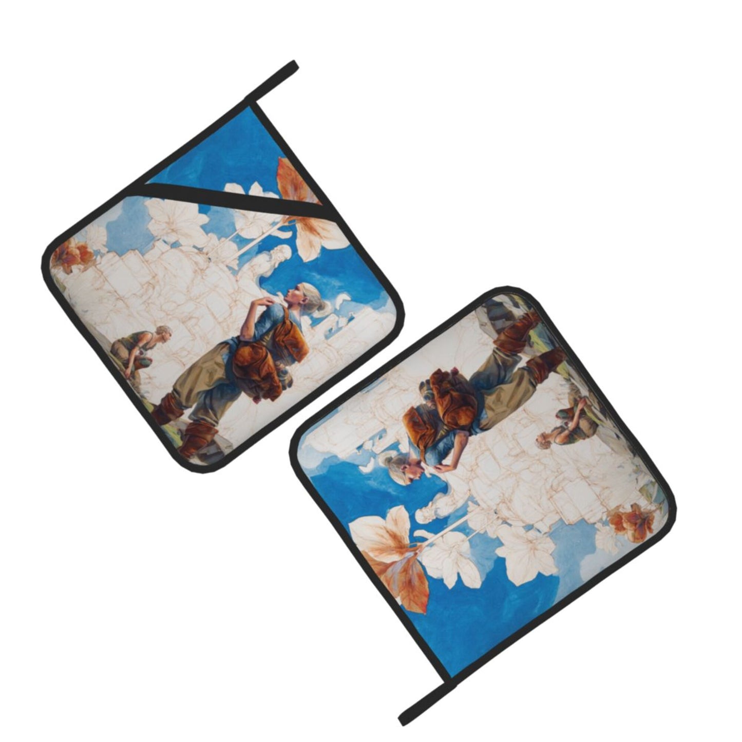 Adventure Illustration Style Heat-Resistant Pot Holders (Set of 2)｜8"x8" Square Hot Pads with Hanging Loop & Elastic Strap – 20.5cm×20.5cm