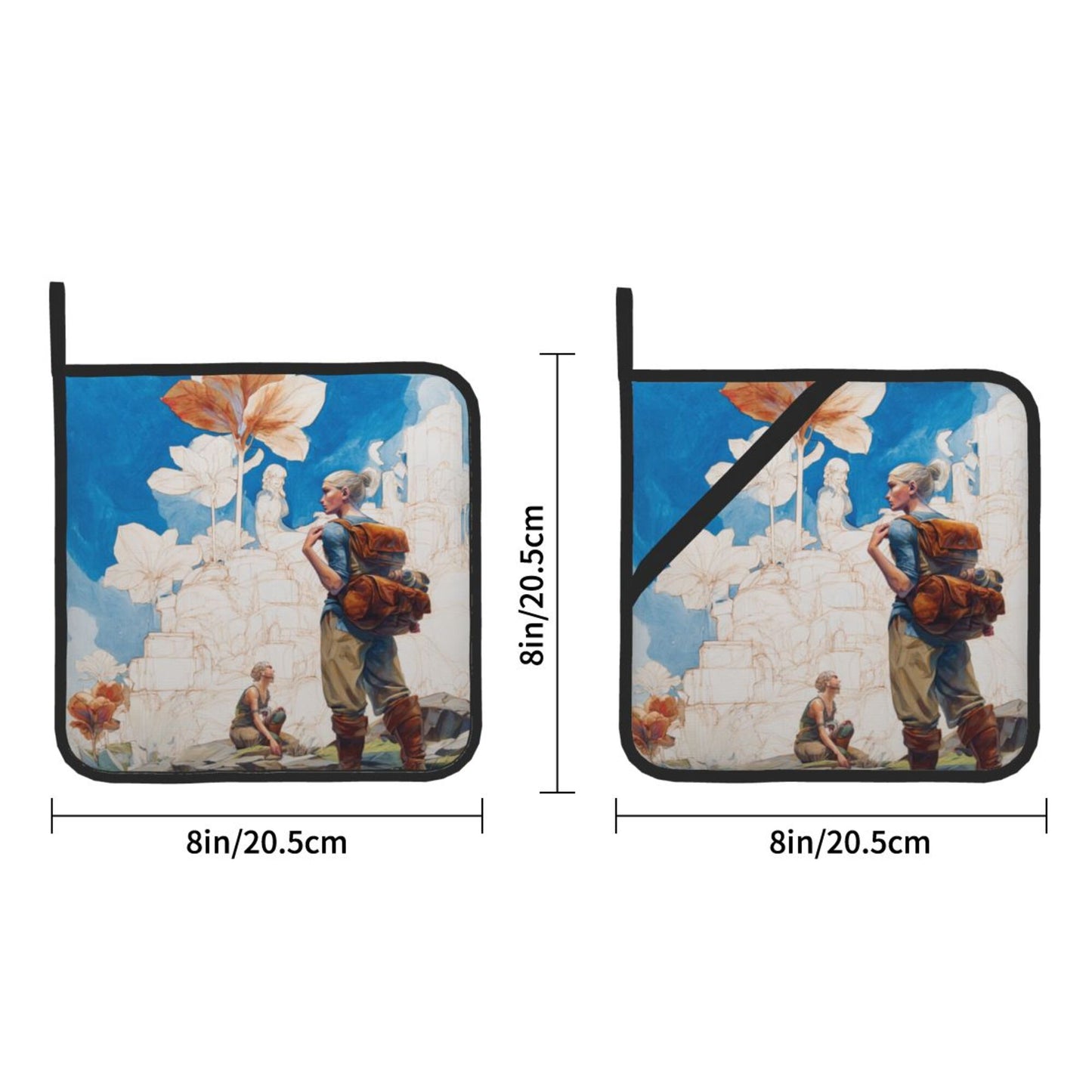 Adventure Illustration Style Heat-Resistant Pot Holders (Set of 2)｜8"x8" Square Hot Pads with Hanging Loop & Elastic Strap – 20.5cm×20.5cm