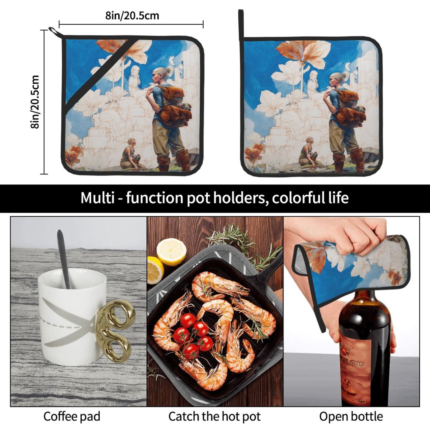 Adventure Illustration Style Heat-Resistant Pot Holders (Set of 2)｜8"x8" Square Hot Pads with Hanging Loop & Elastic Strap – 20.5cm×20.5cm